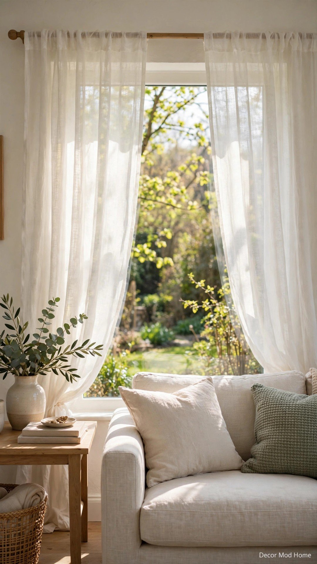 Sheer white linen curtains glowing in spring sunlight beside a bright living room window.
