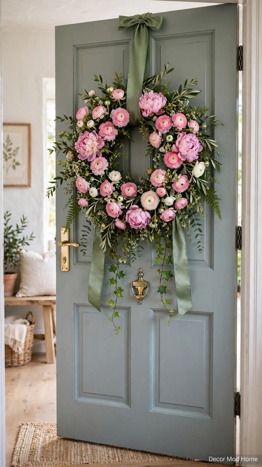 A lush spring wreath of pink peonies and ranunculus hanging on a sage-green front door.