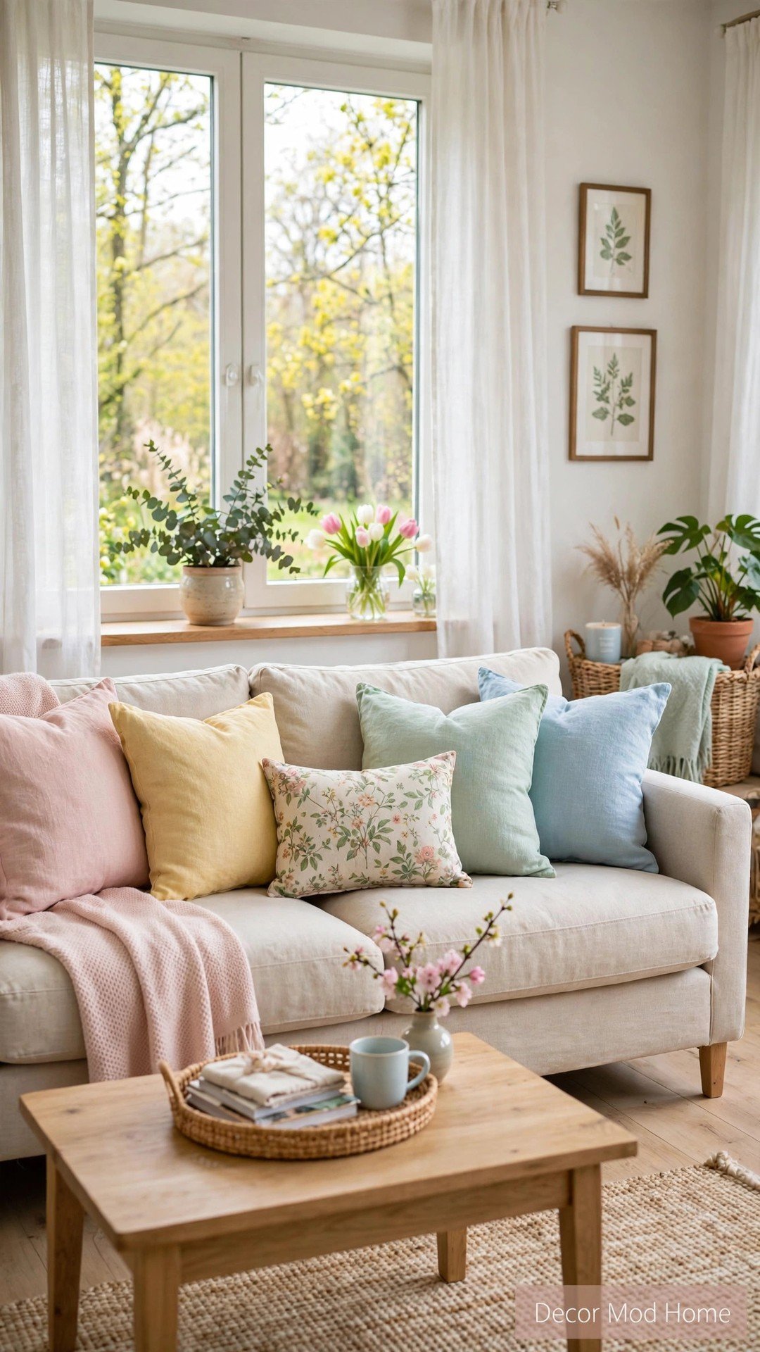 A sofa styled with pastel linen throw pillows in blush pink, butter yellow, mint and sky blue.