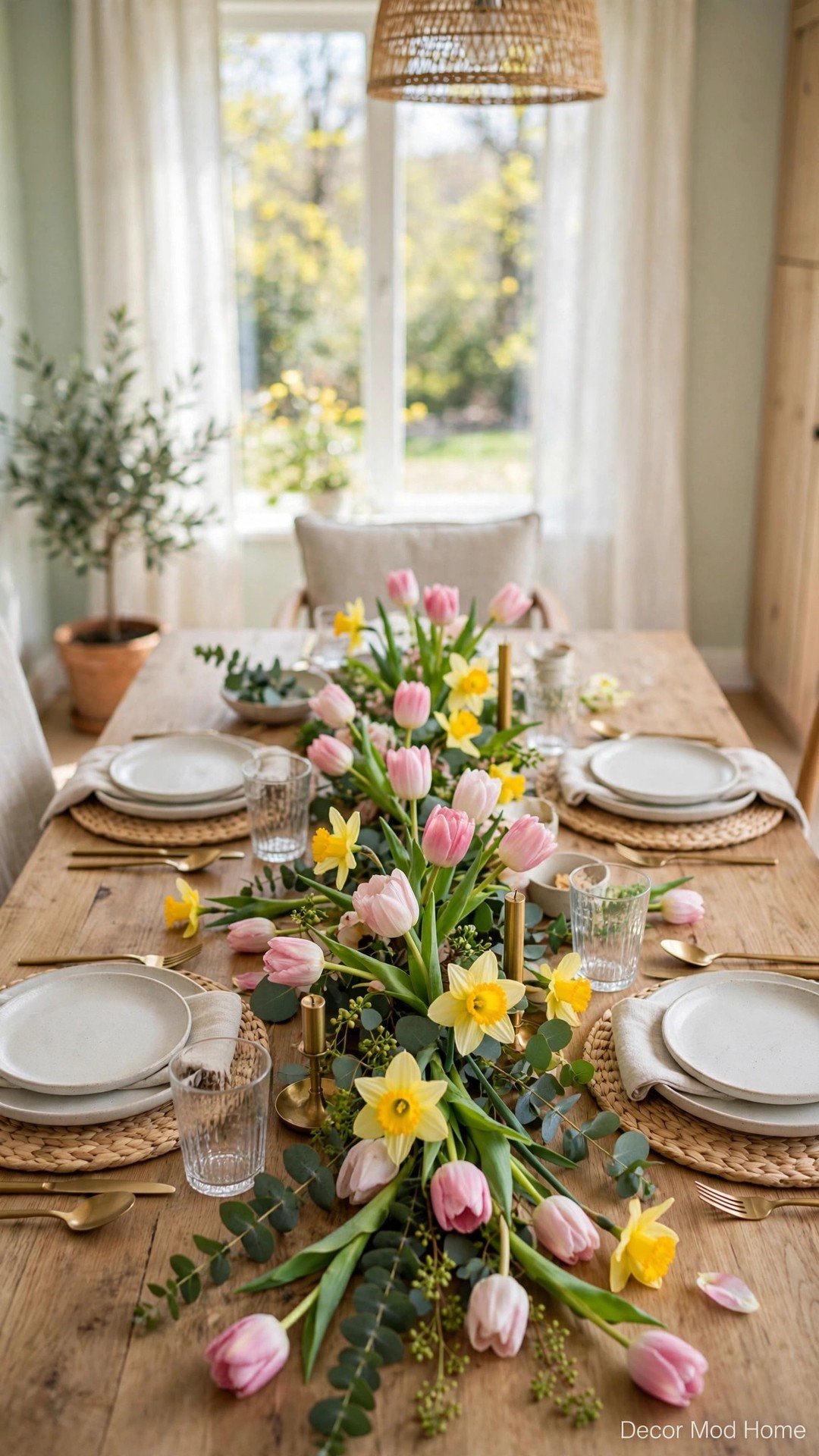A fresh flower runner of tulips, daffodils and eucalyptus down the centre of a dining table.