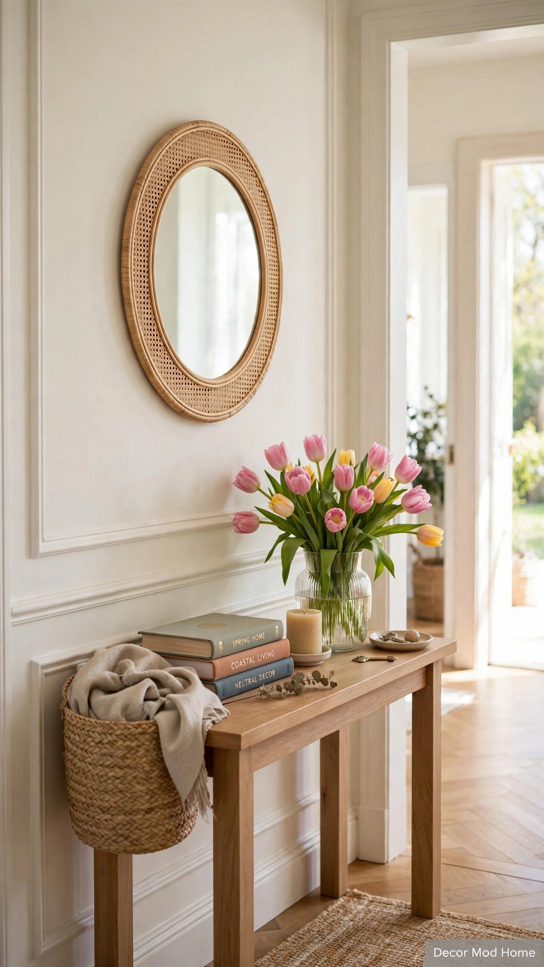 An entryway console styled with a vase of tulips, woven basket, books and a round rattan mirror.