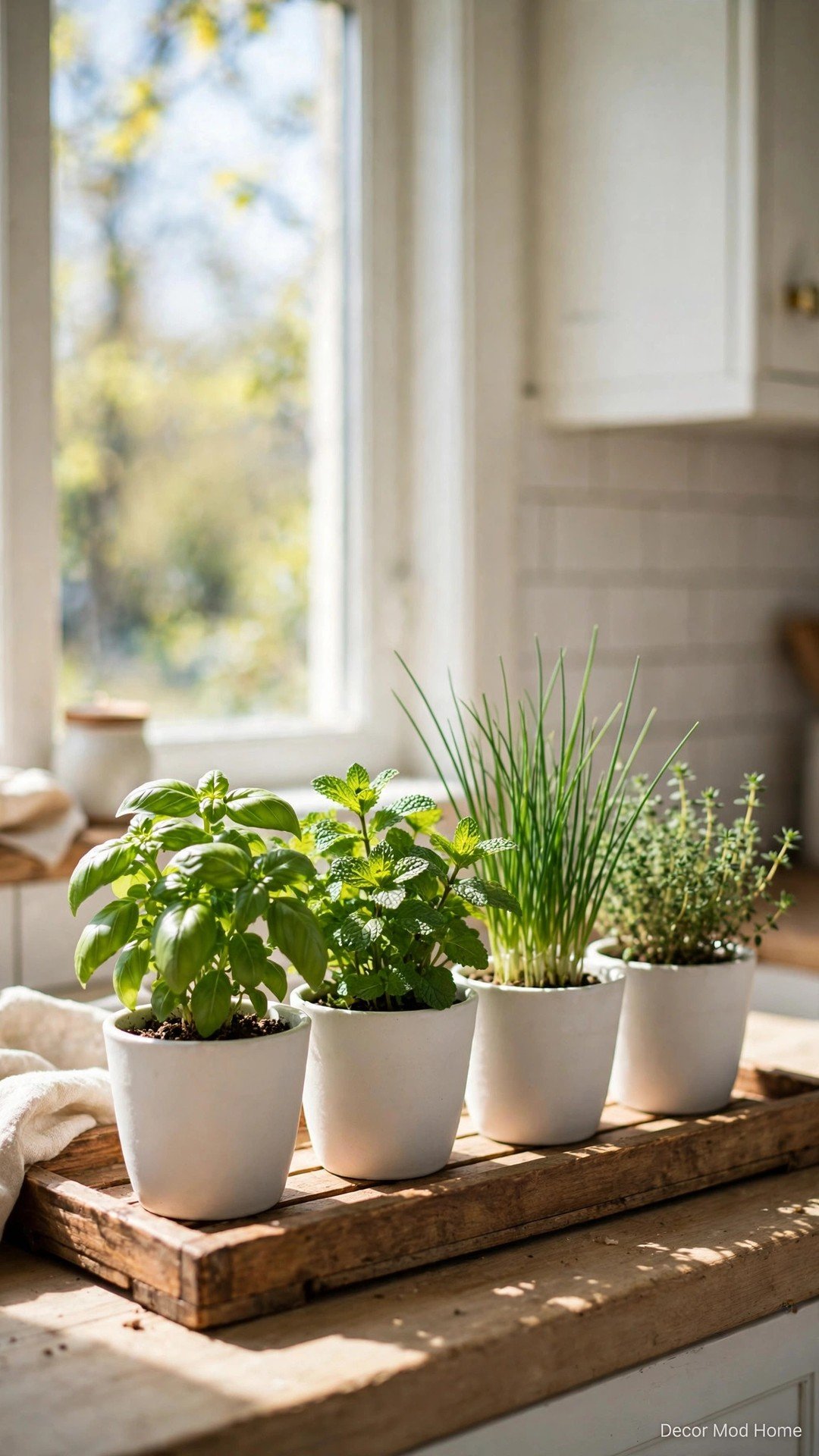 Potted basil, mint, chives and thyme in white ceramic pots on a wooden tray at a sunny kitchen window.