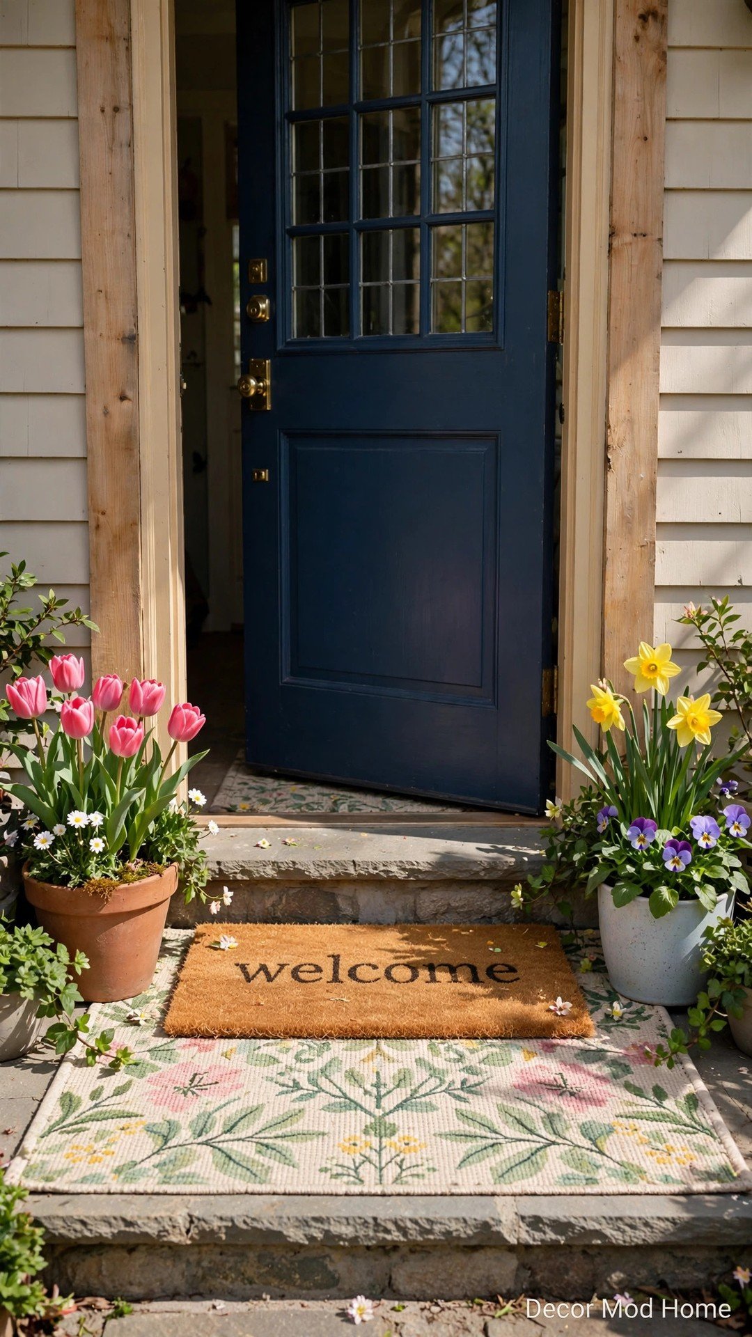A layered spring doorstep with a patterned outdoor rug and a welcome coir doormat flanked by potted tulips.