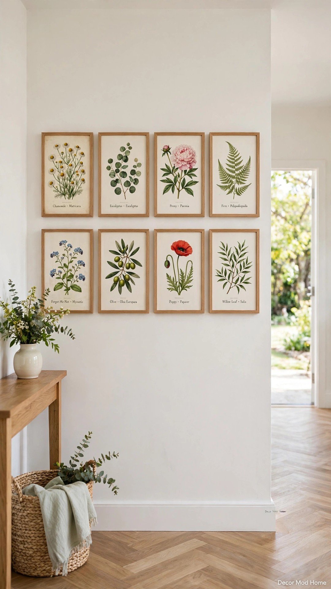 A hallway gallery wall of framed botanical prints featuring flowers, leaves and garden illustrations.