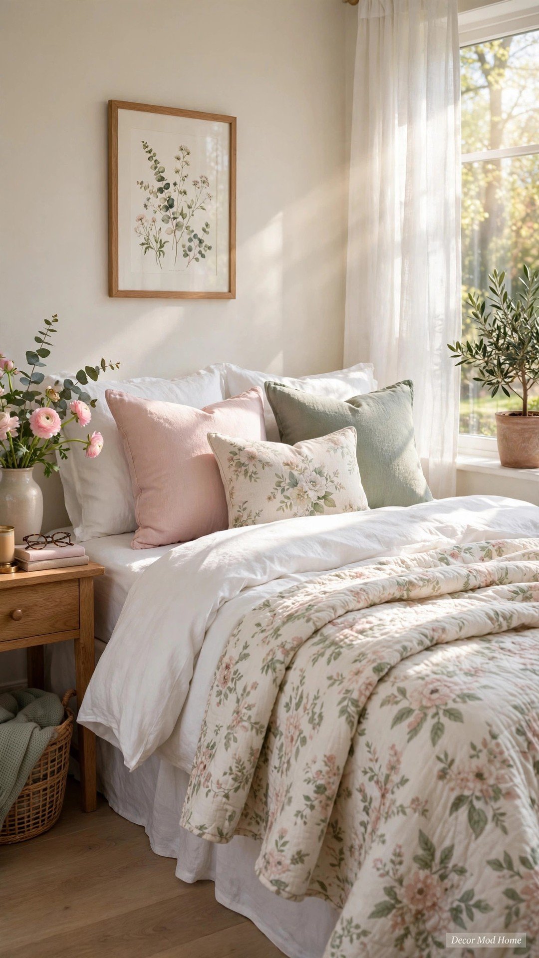A bright spring bedroom with crisp white linen bedding, a floral quilt and pastel pillows.