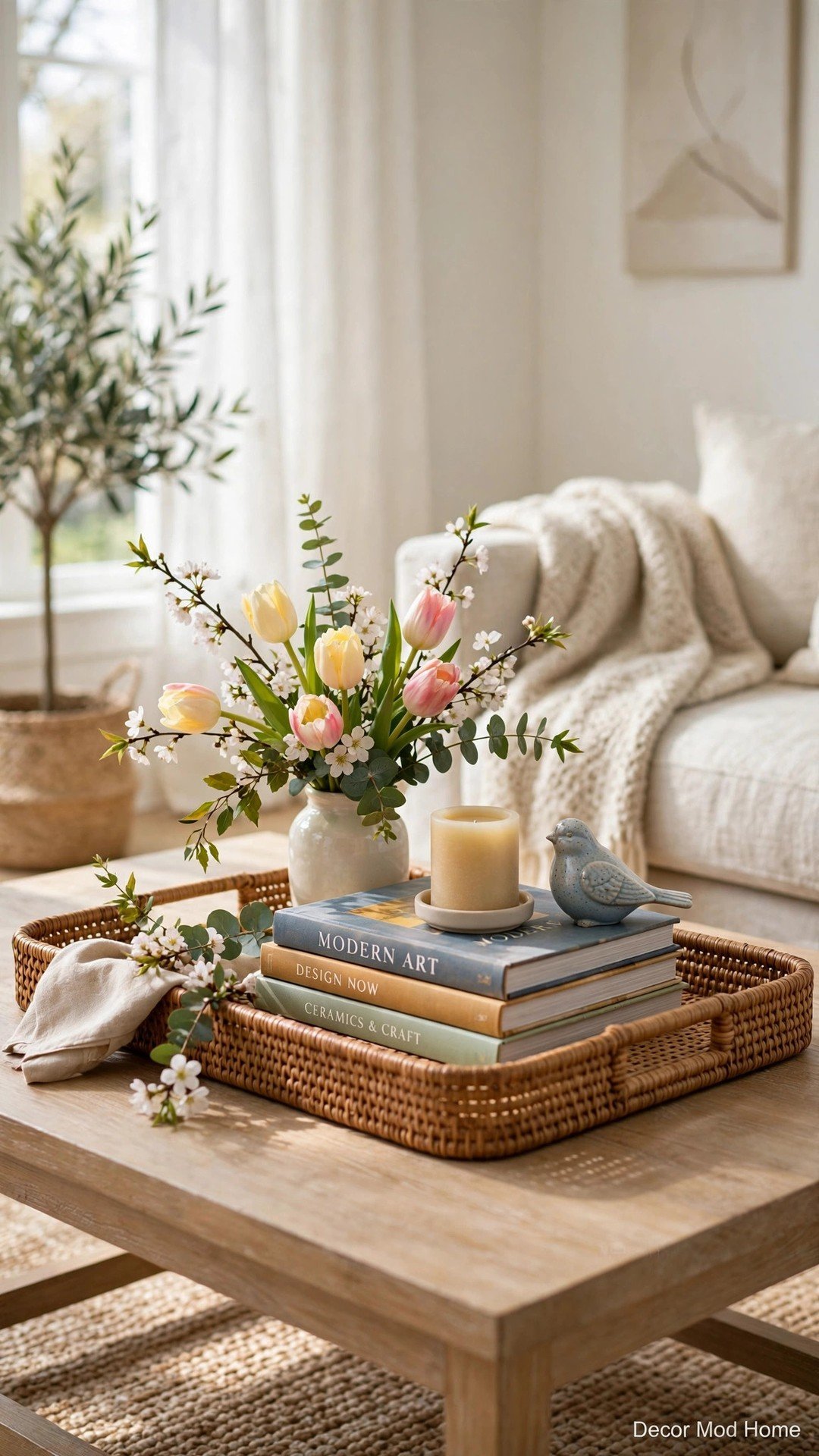 A rattan tray on a coffee table holding spring blooms, stacked books, a candle and a ceramic bird.