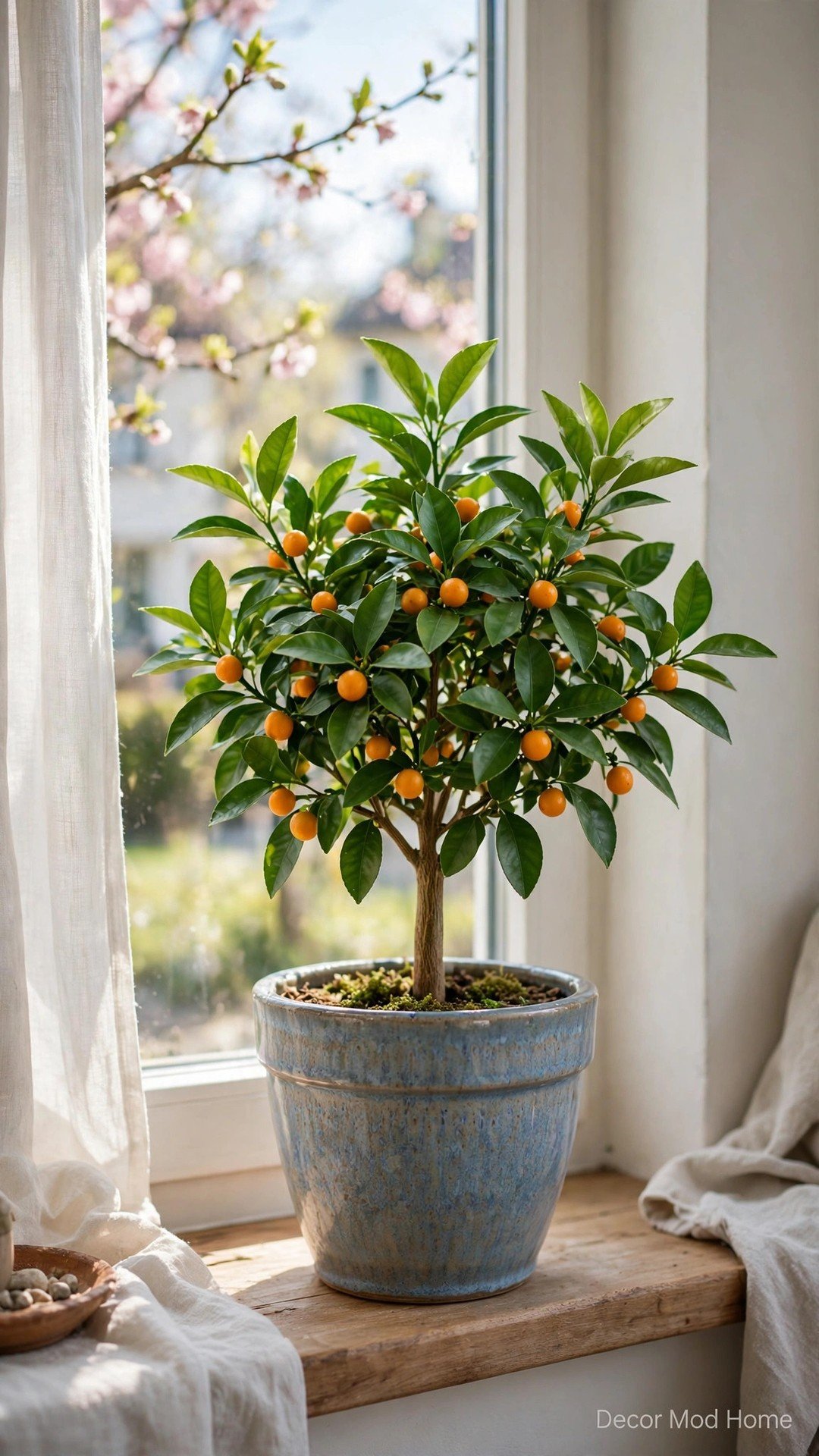 A small potted calamondin citrus tree with tiny oranges in a blue ceramic pot by a sunny window.