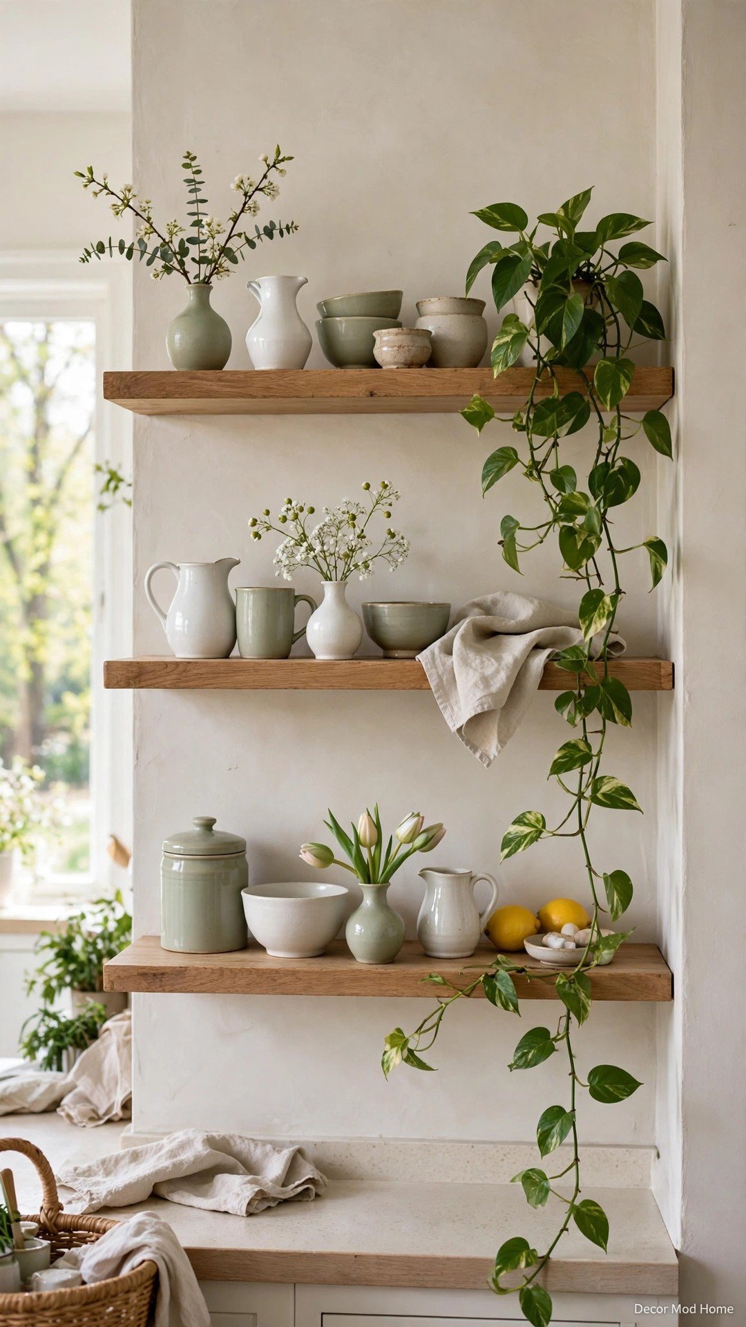 Open kitchen shelves styled with white and sage ceramics, bud vases and a trailing pothos plant.