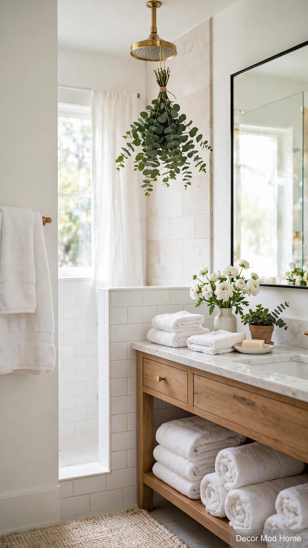 A fresh eucalyptus bundle hanging from a showerhead in a bright spa-like spring bathroom.