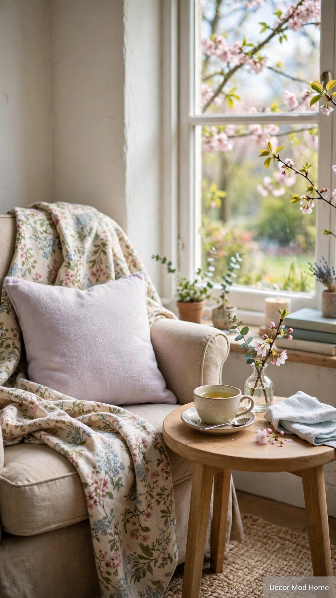 A cosy reading nook with a floral throw, pastel cushion, tea cup and bud vase beside a sunny window.