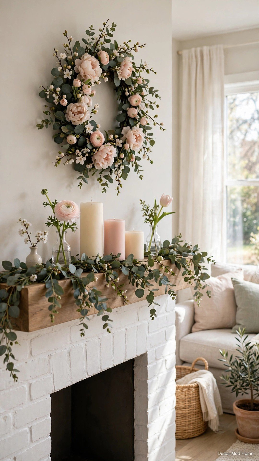 A fireplace mantel dressed for spring with eucalyptus garland, pastel candles and a floral wreath above.