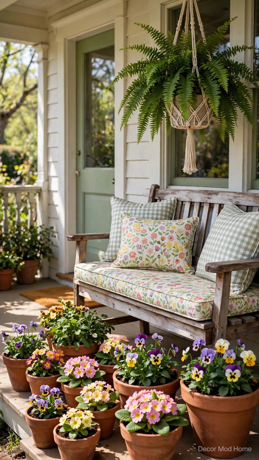 A front porch filled with terracotta pots of pansies and primroses, a floral bench and a hanging fern.