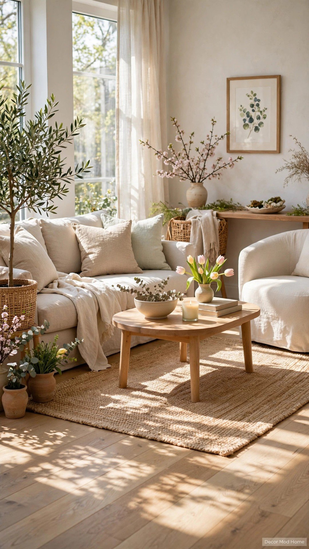 A bright living room anchored by a light natural jute rug with spring sunlight on wooden floors.