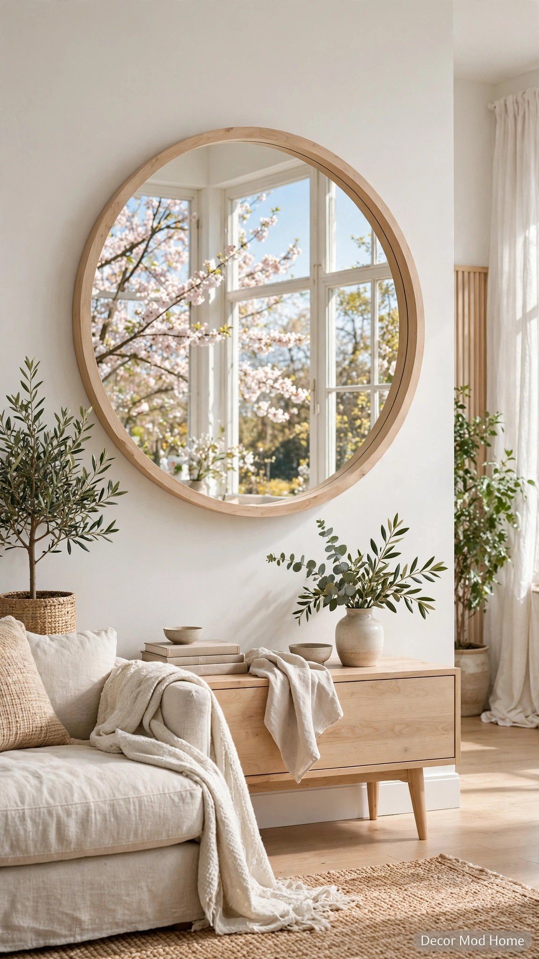A large round mirror in a light wood frame reflecting a window with pink spring blossoms outside.
