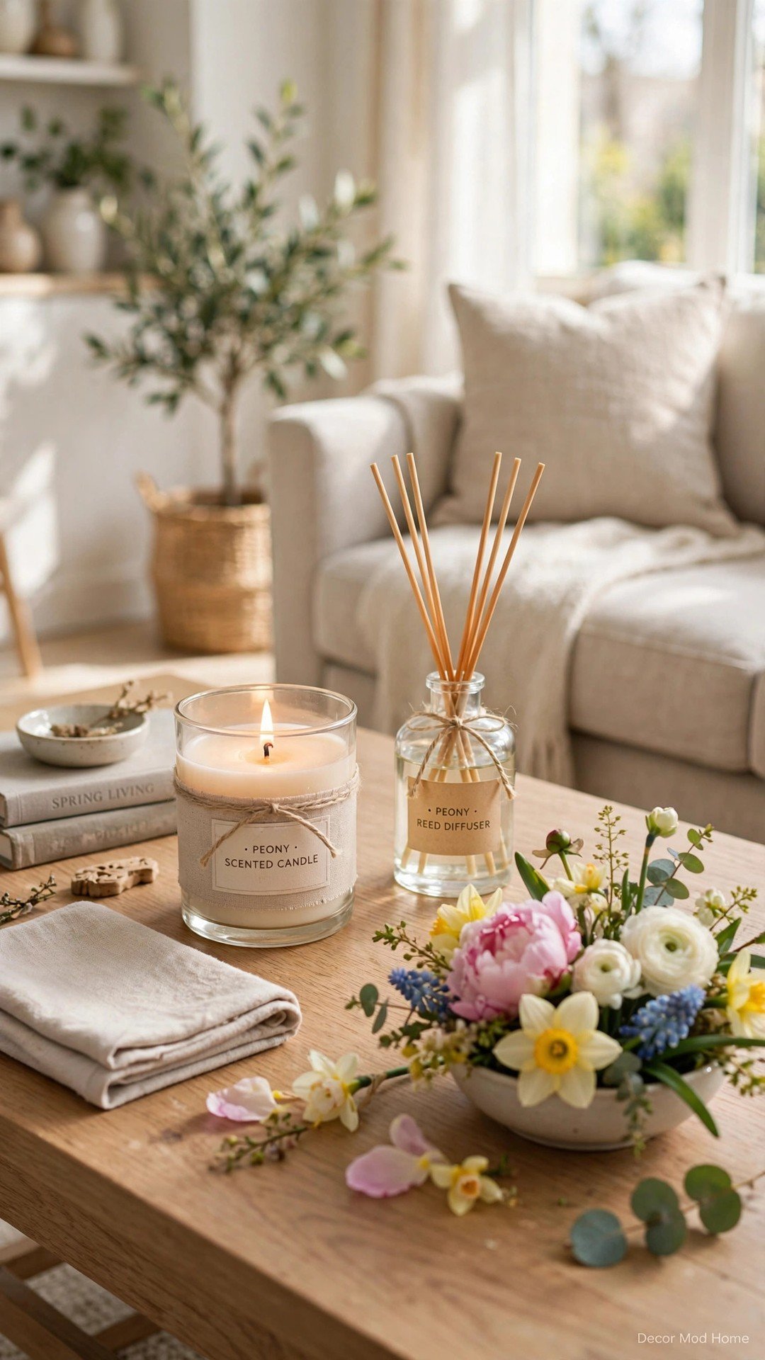 A lit peony scented candle and reed diffuser with fresh spring flowers on a coffee table.