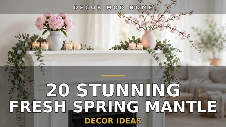 20 stunning fresh spring mantle decor ideas featured image: white fireplace mantel styled with eucalyptus garland, peonies, cherry blossom branches and candles