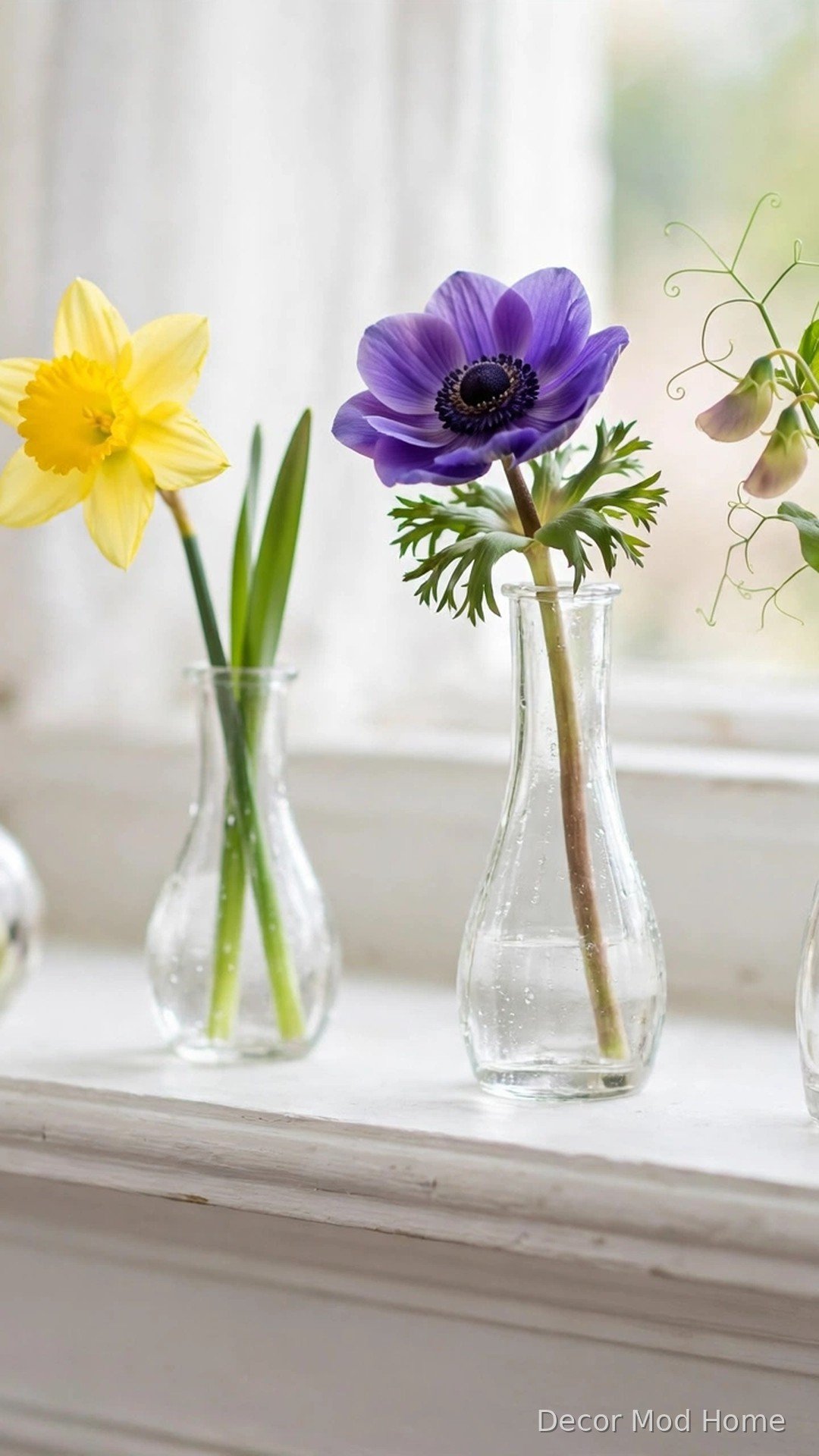 Glass bud vases with single spring stems (daffodil, anemone, sweet peas) on a white mantel
