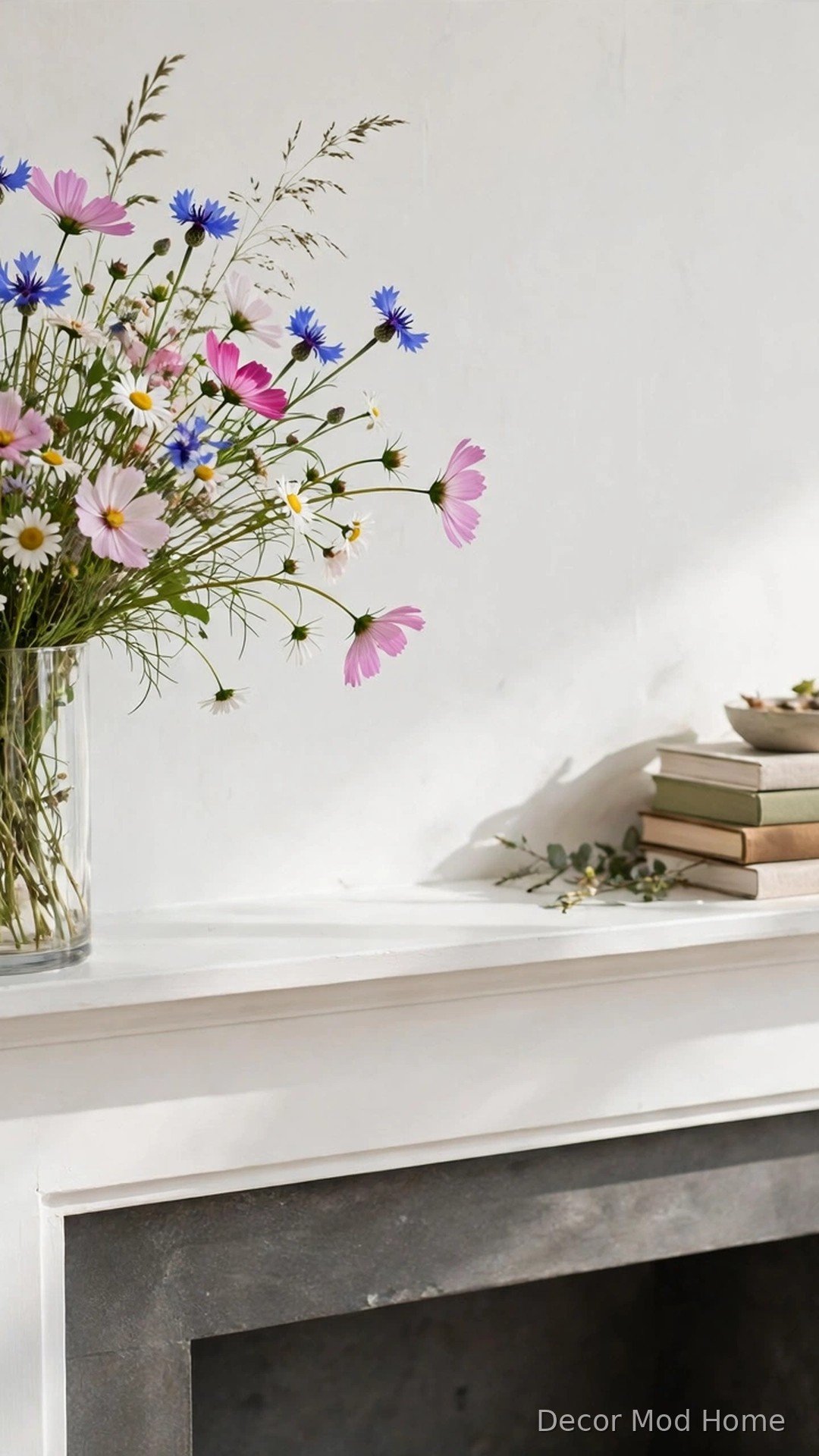 Tall glass cylinder vase of mixed wildflowers with books on a white fireplace mantel