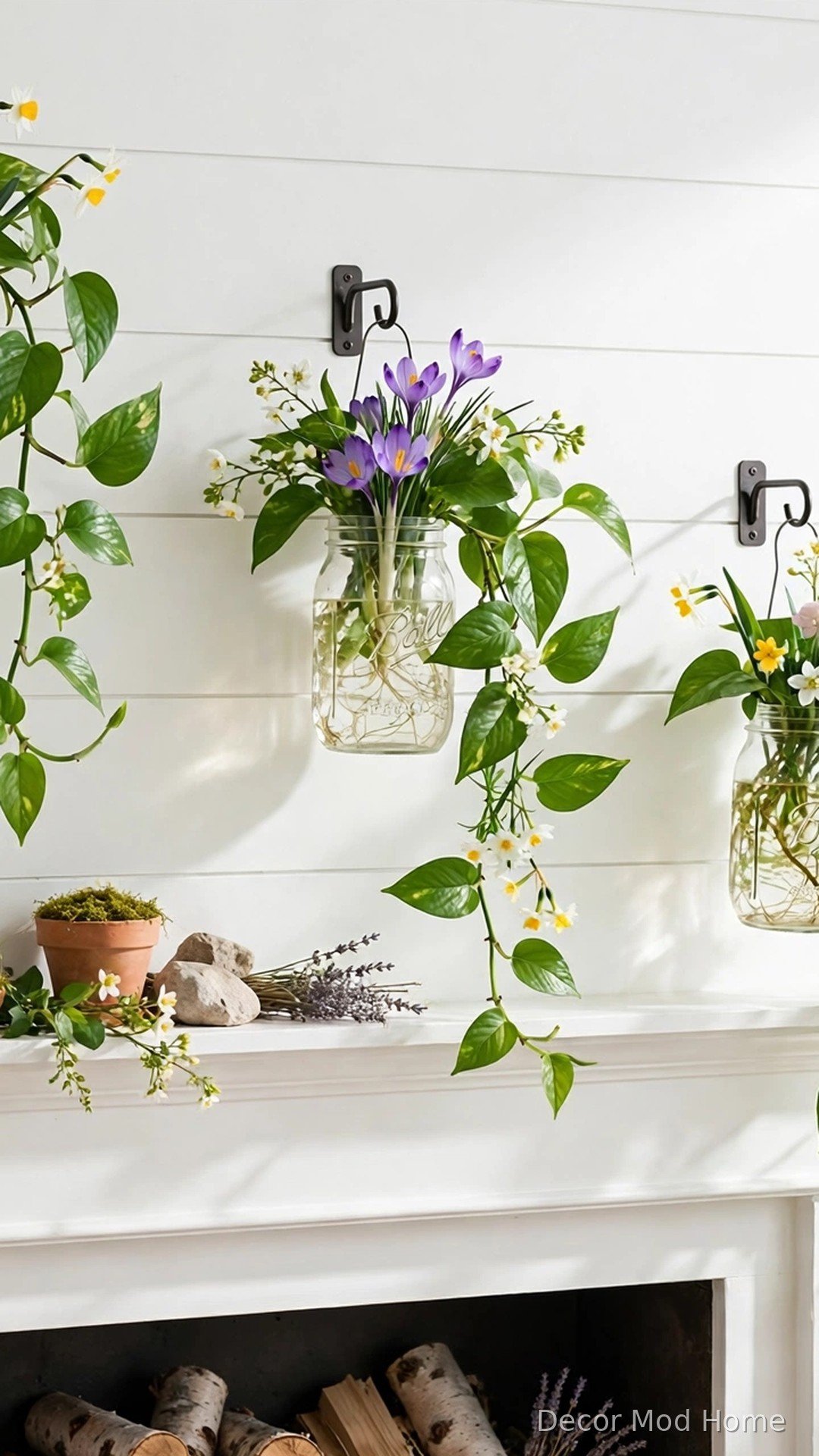 Mason jar planters with trailing pothos and spring flowers hanging above a white mantel
