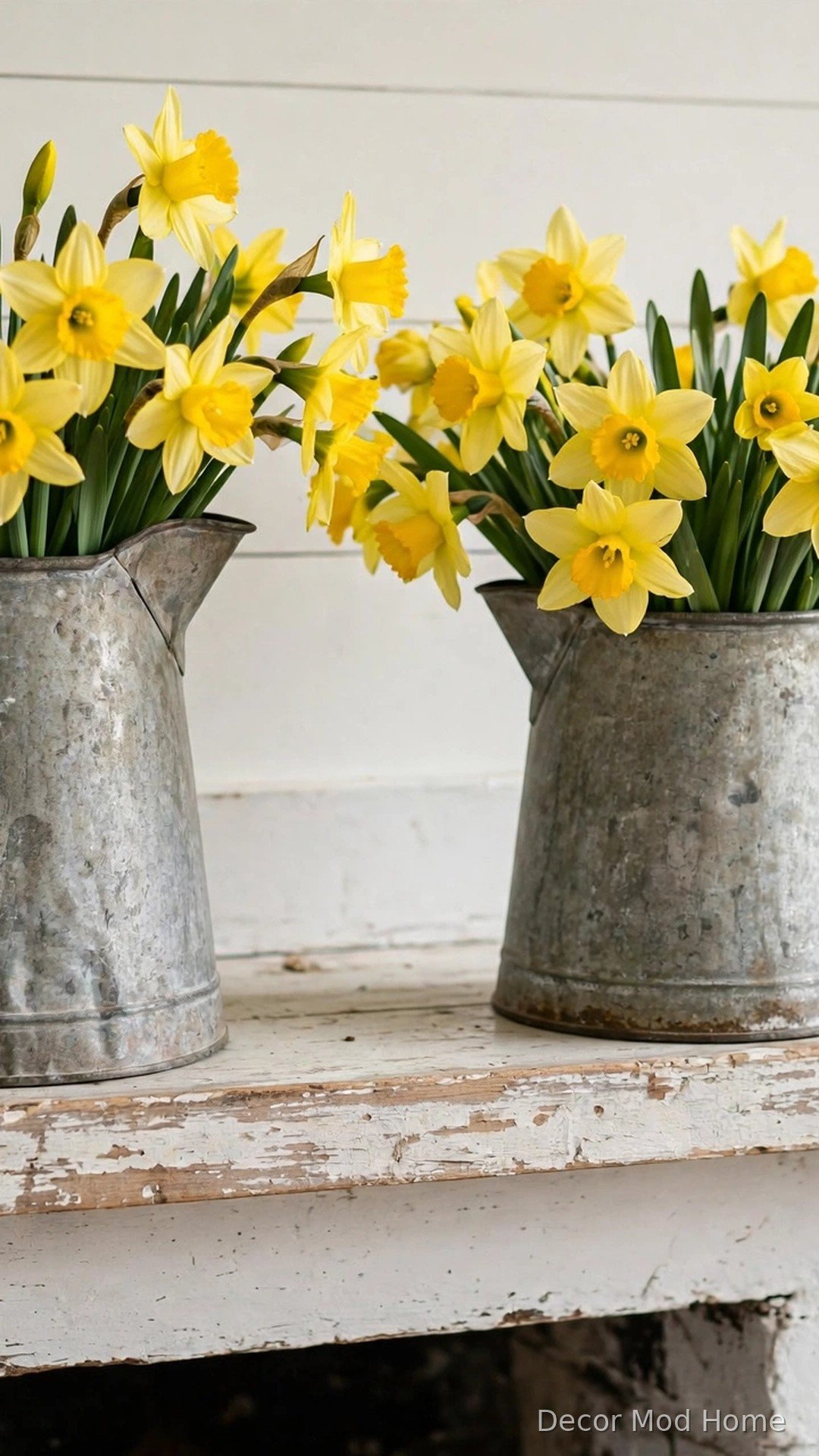 Vintage galvanised metal pitchers filled with fresh yellow daffodils on a rustic mantel