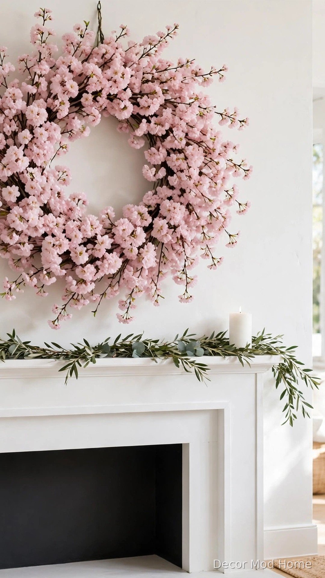 Cherry blossom wreath hung above a white fireplace mantel with greenery garland