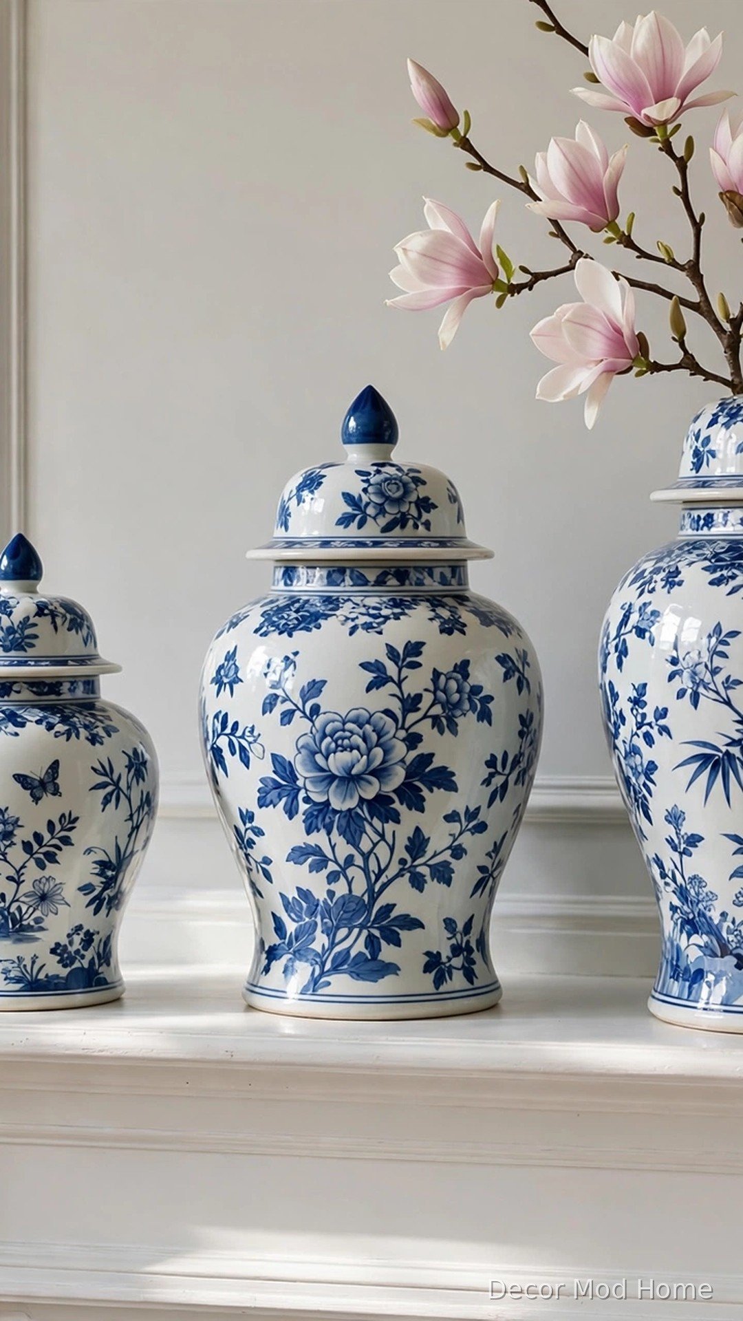Blue-and-white porcelain ginger jars with pink magnolia stems on a white mantel
