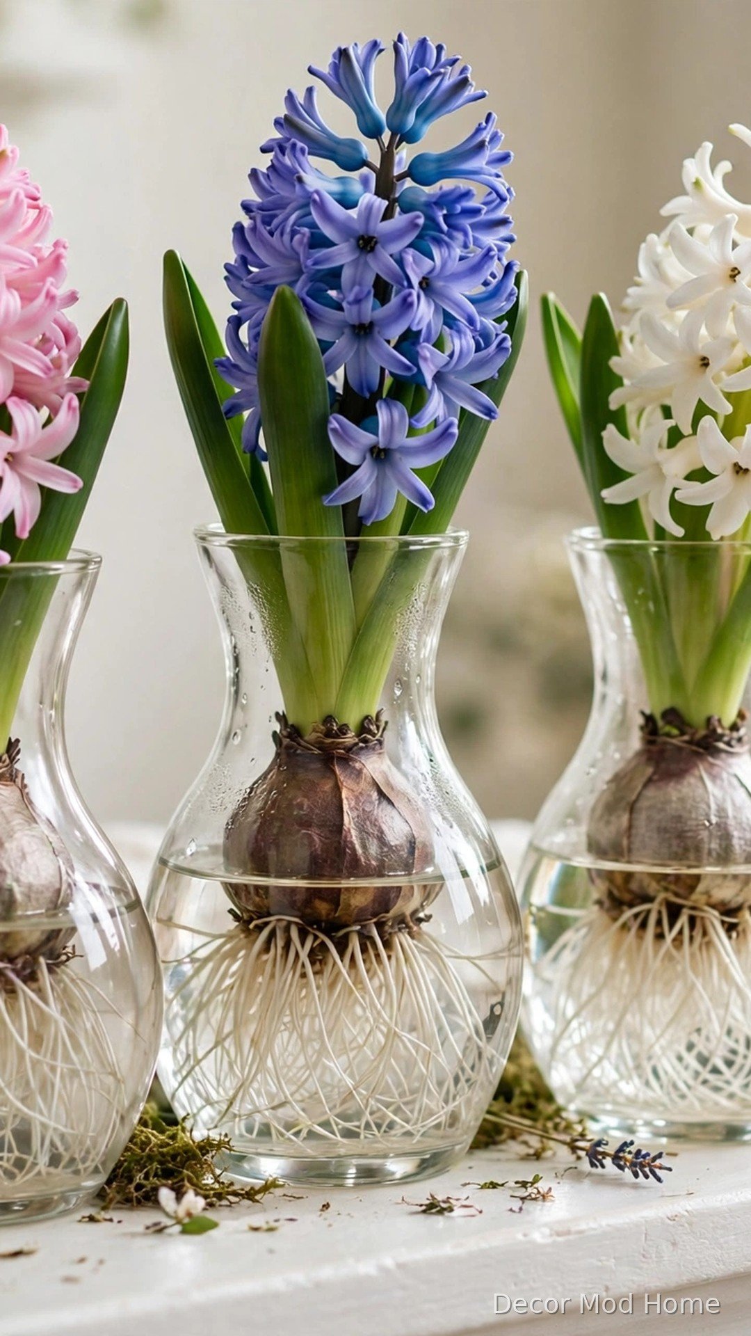 Pink, blue and white hyacinths forced in glass bulb vases showing roots on a mantel