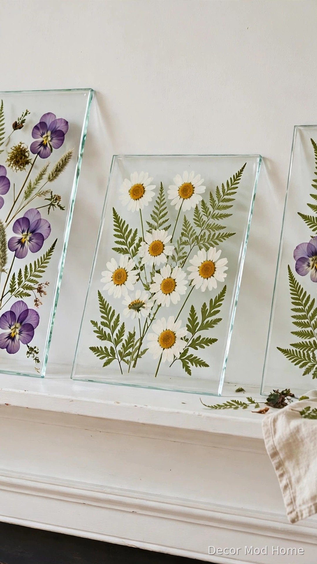 Pressed spring flowers in floating glass frames leaning along a white mantel