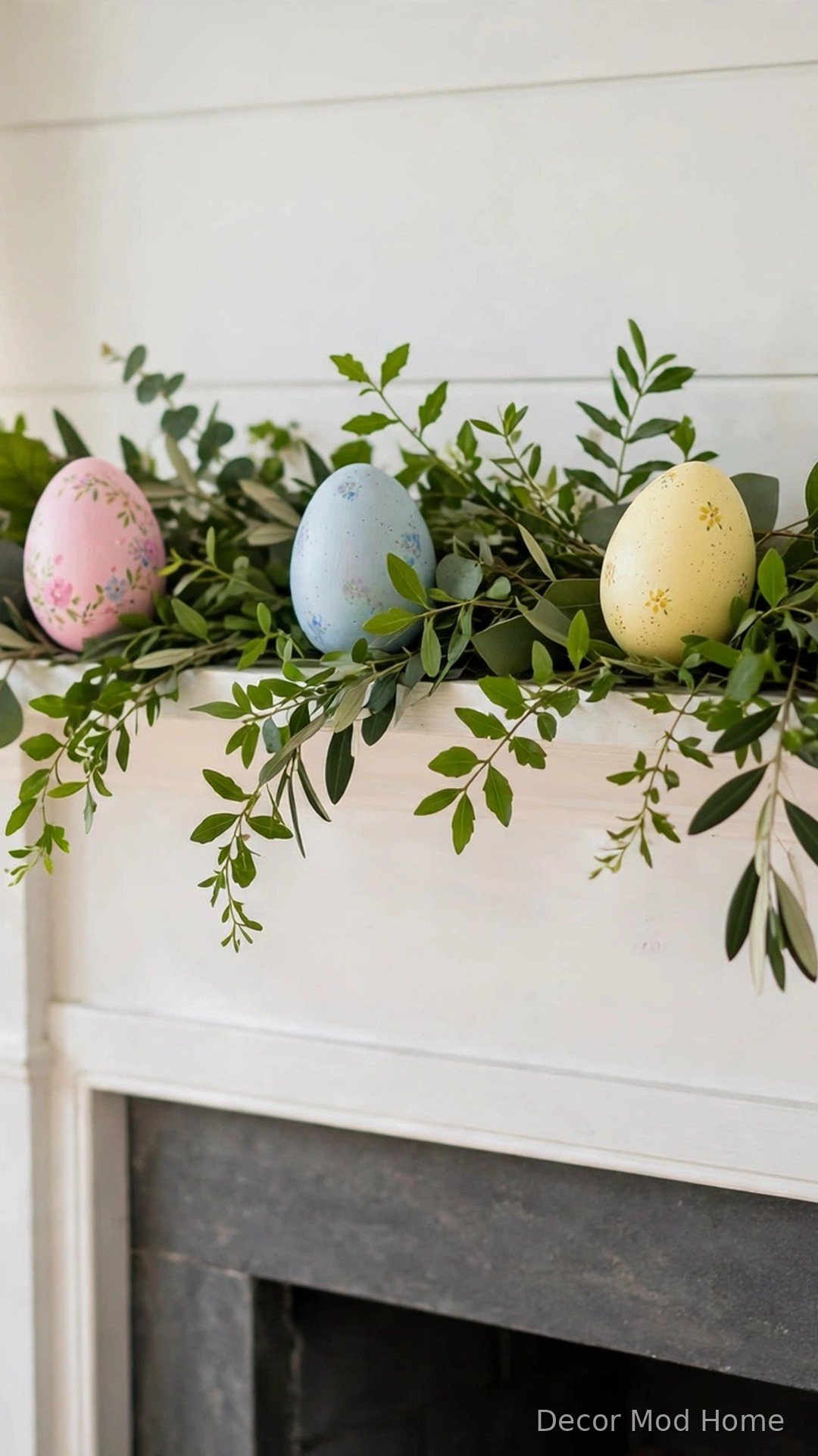 Hand-painted pastel eggs nestled in a greenery garland on a white mantel