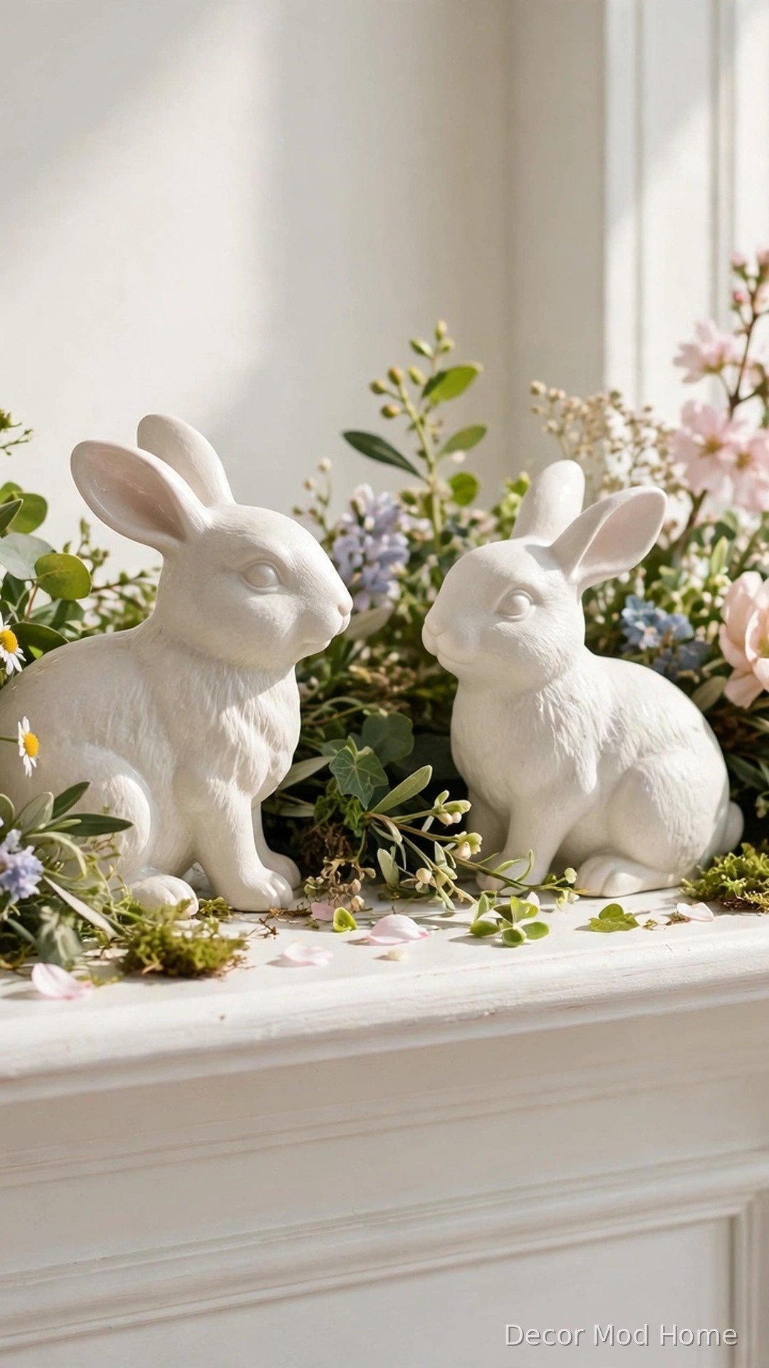 White ceramic rabbit figurines among spring greenery and pastel blooms on a mantel