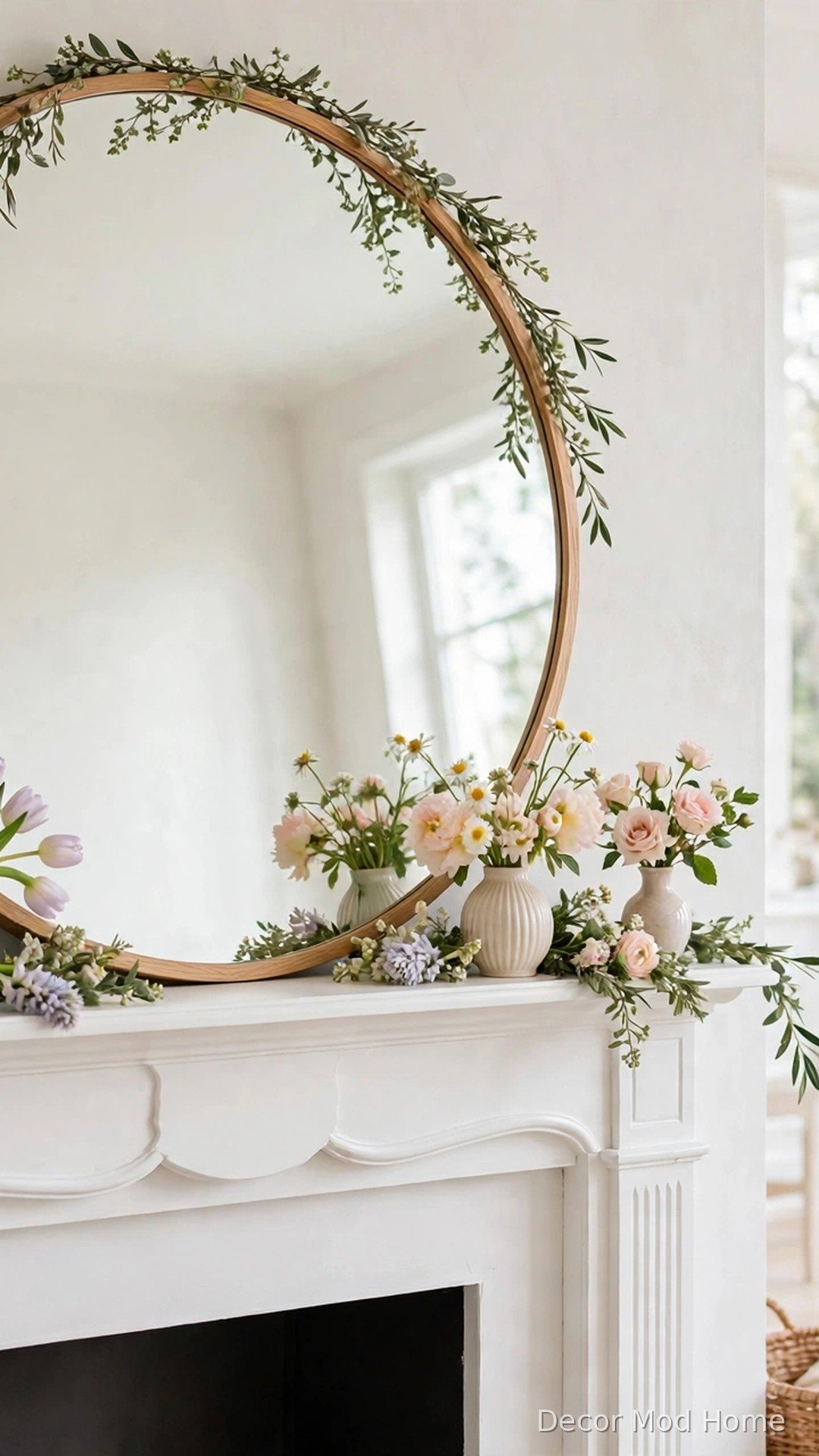 Oversized round mirror with draped garland behind a spring-styled fireplace mantel