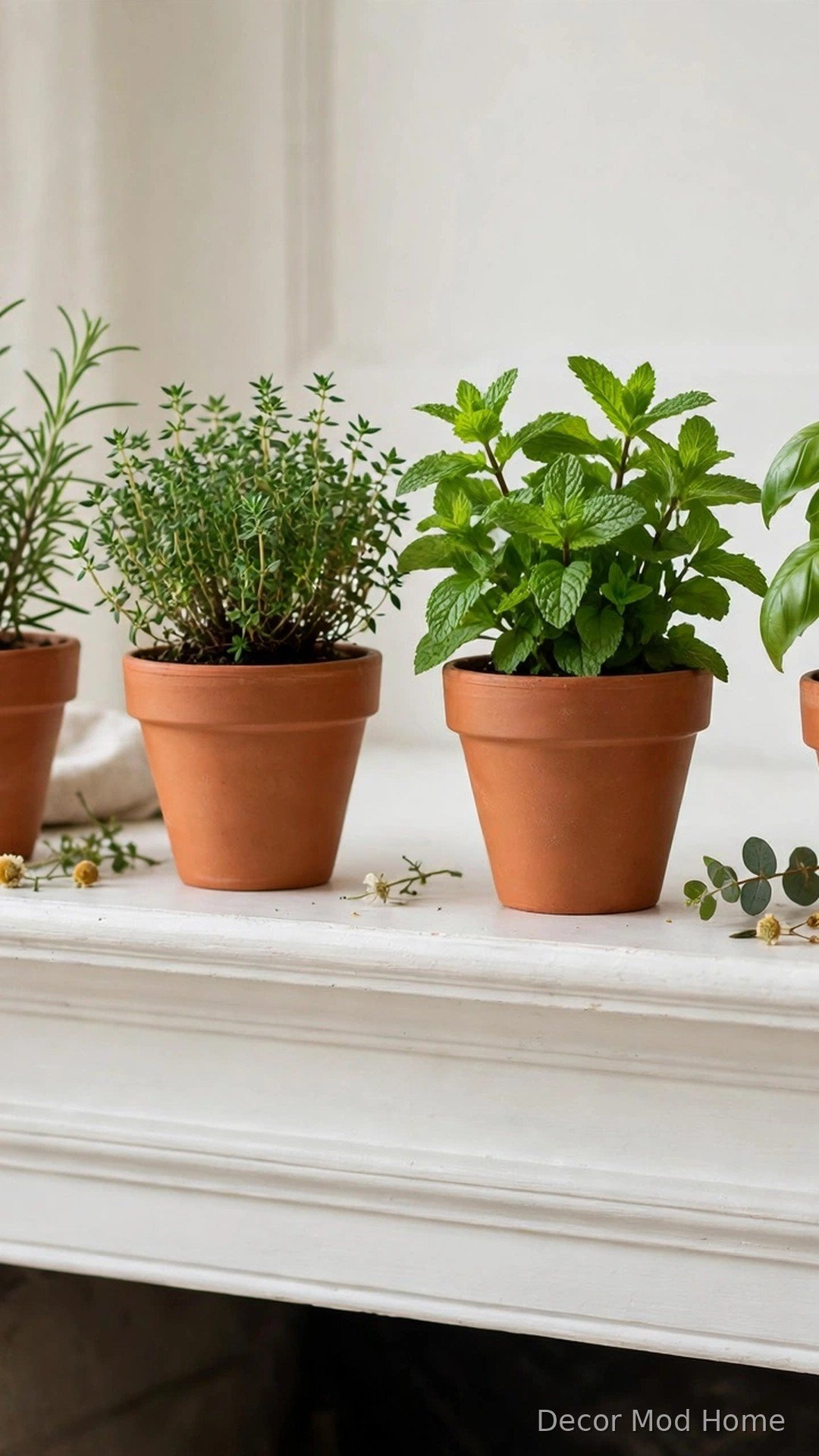 Terracotta pots of fresh herbs (rosemary, thyme, mint, basil) lined on a white mantel