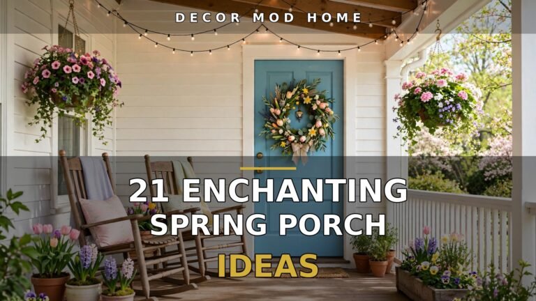 Welcoming spring front porch with rocking chairs, hanging flower baskets and headline text overlay