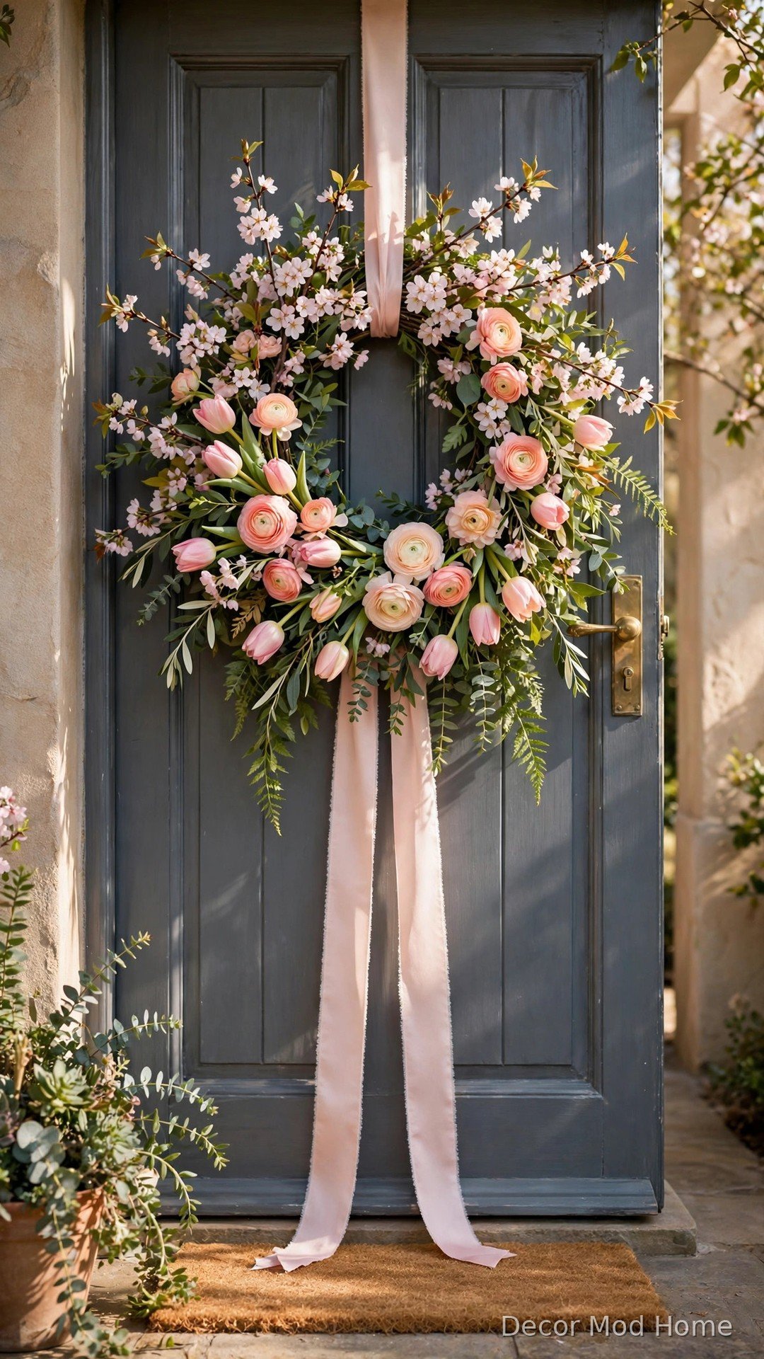 Lush spring wreath of cherry blossom, ranunculus and tulips hanging from a blush satin ribbon on a front door