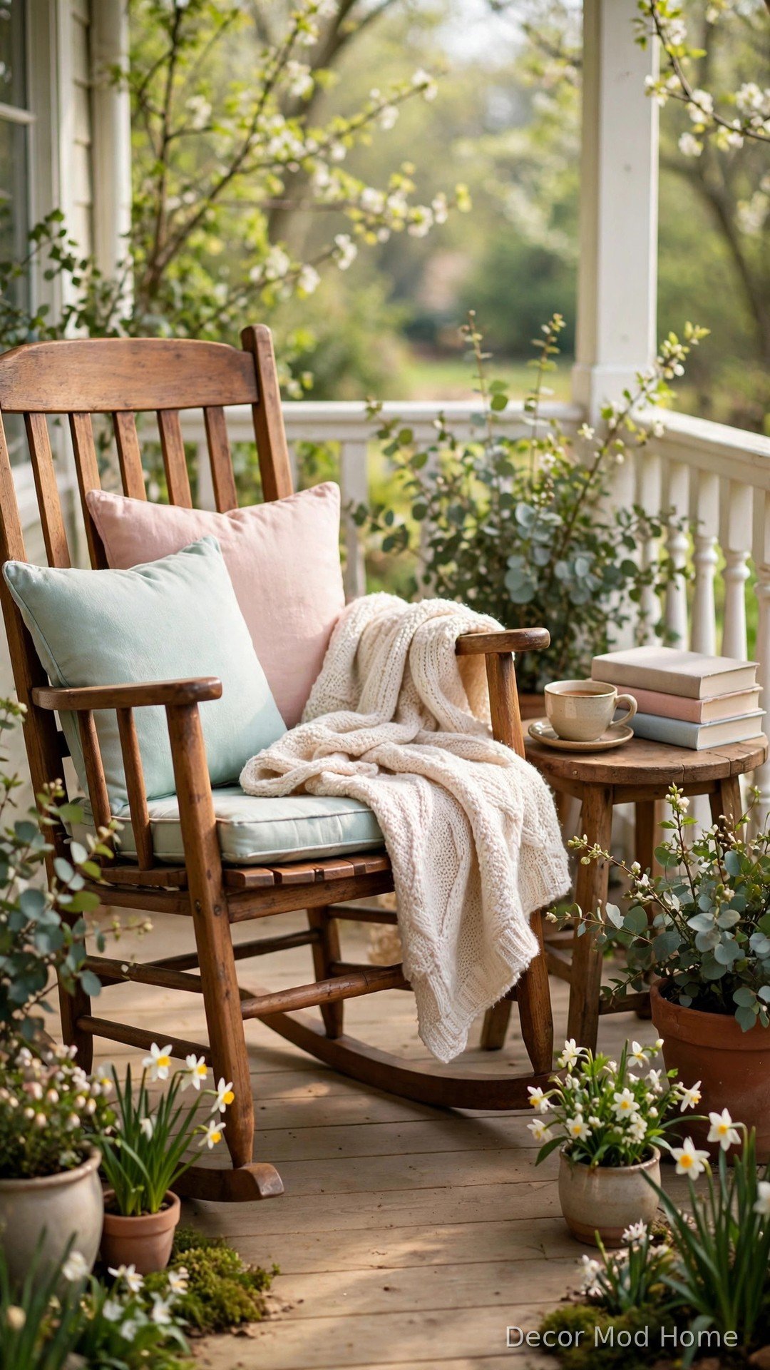 Wooden rocking chair with pastel cushions and a knit throw as a cosy porch reading nook