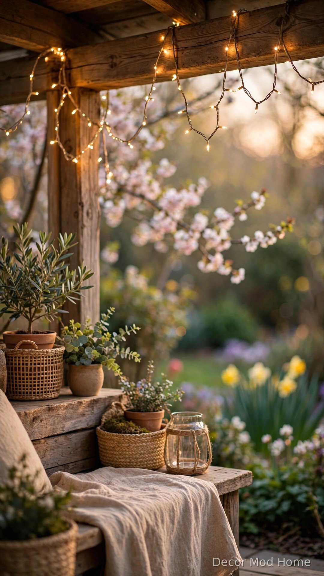 Warm-white fairy lights draped along a wooden porch beam at spring dusk