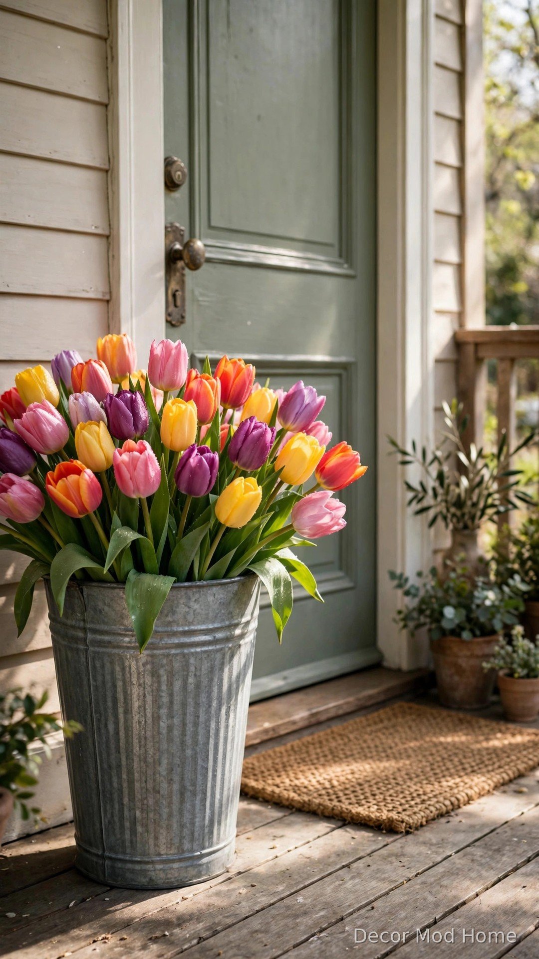 Tall galvanised bucket brimming with colourful fresh tulips by a front door