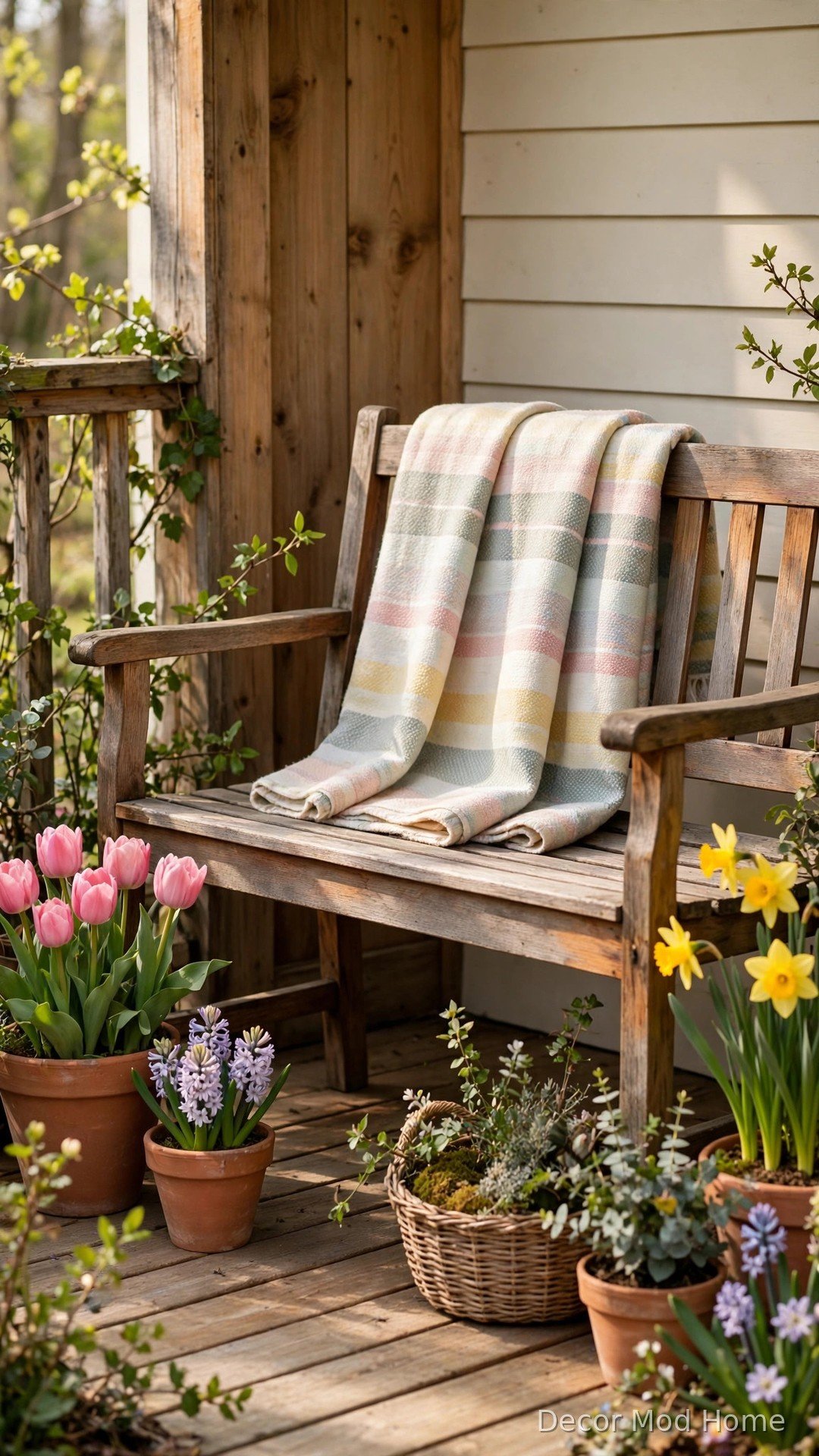 Pastel striped throw draped over a wooden porch bench surrounded by spring flower pots