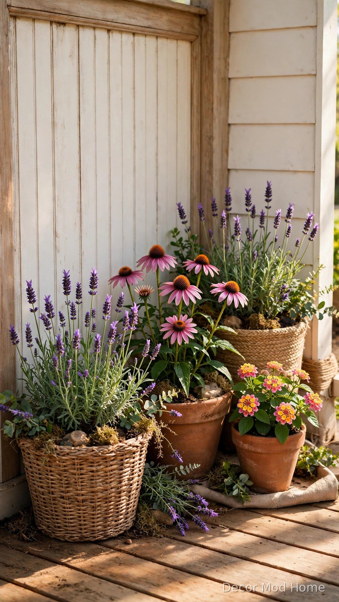 Terracotta and woven planters of lavender, coneflowers and lantana in a butterfly-friendly porch corner