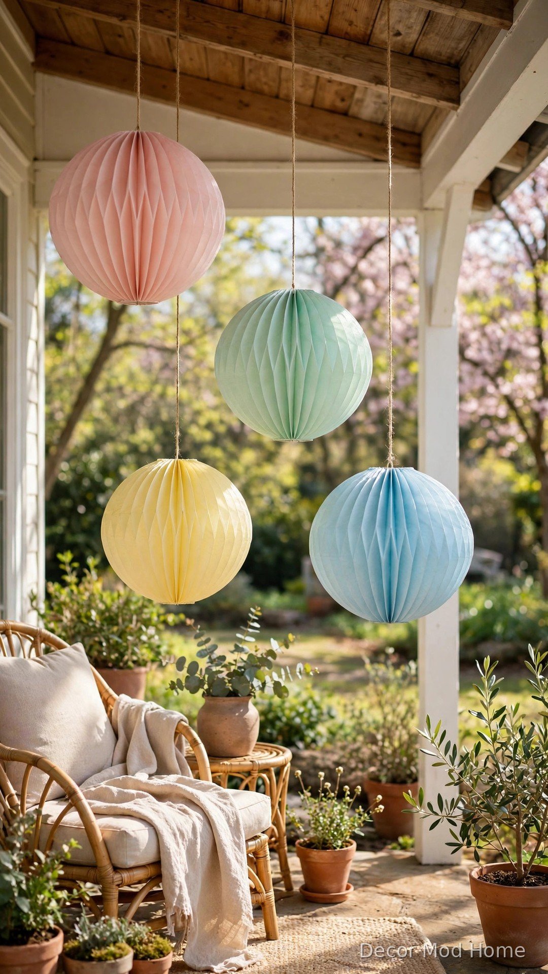 Pastel paper lanterns in blush, mint, lemon and sky blue hanging from a porch ceiling
