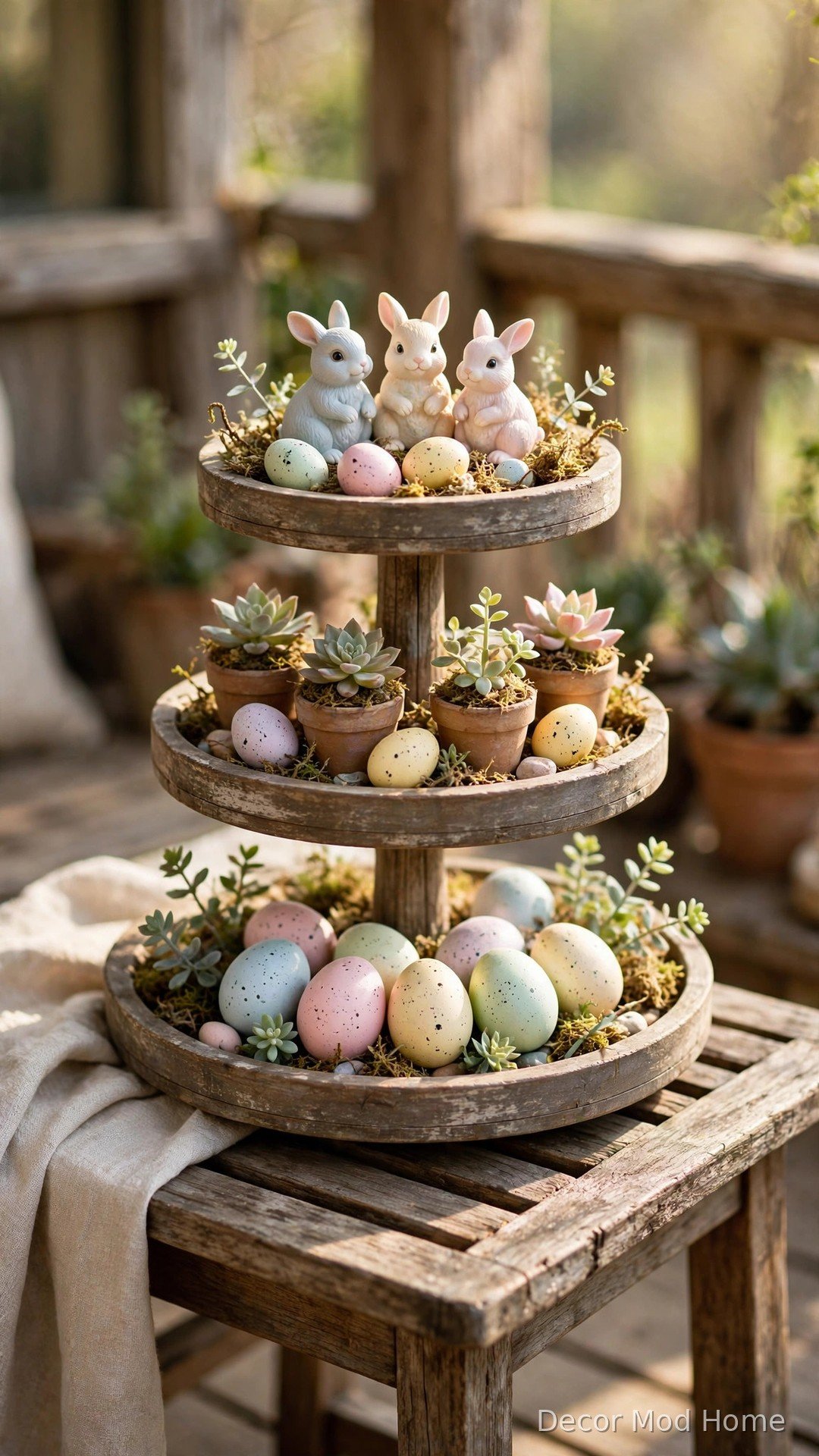 Three-tiered wooden tray styled with bunny figurines, succulents and pastel eggs for spring