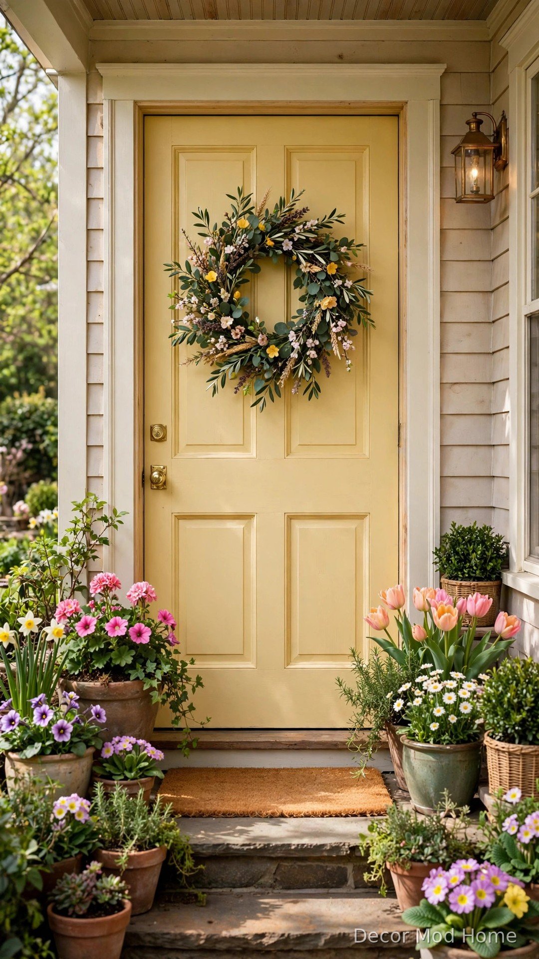 Butter-yellow front door with a fresh spring wreath and blooming potted flowers