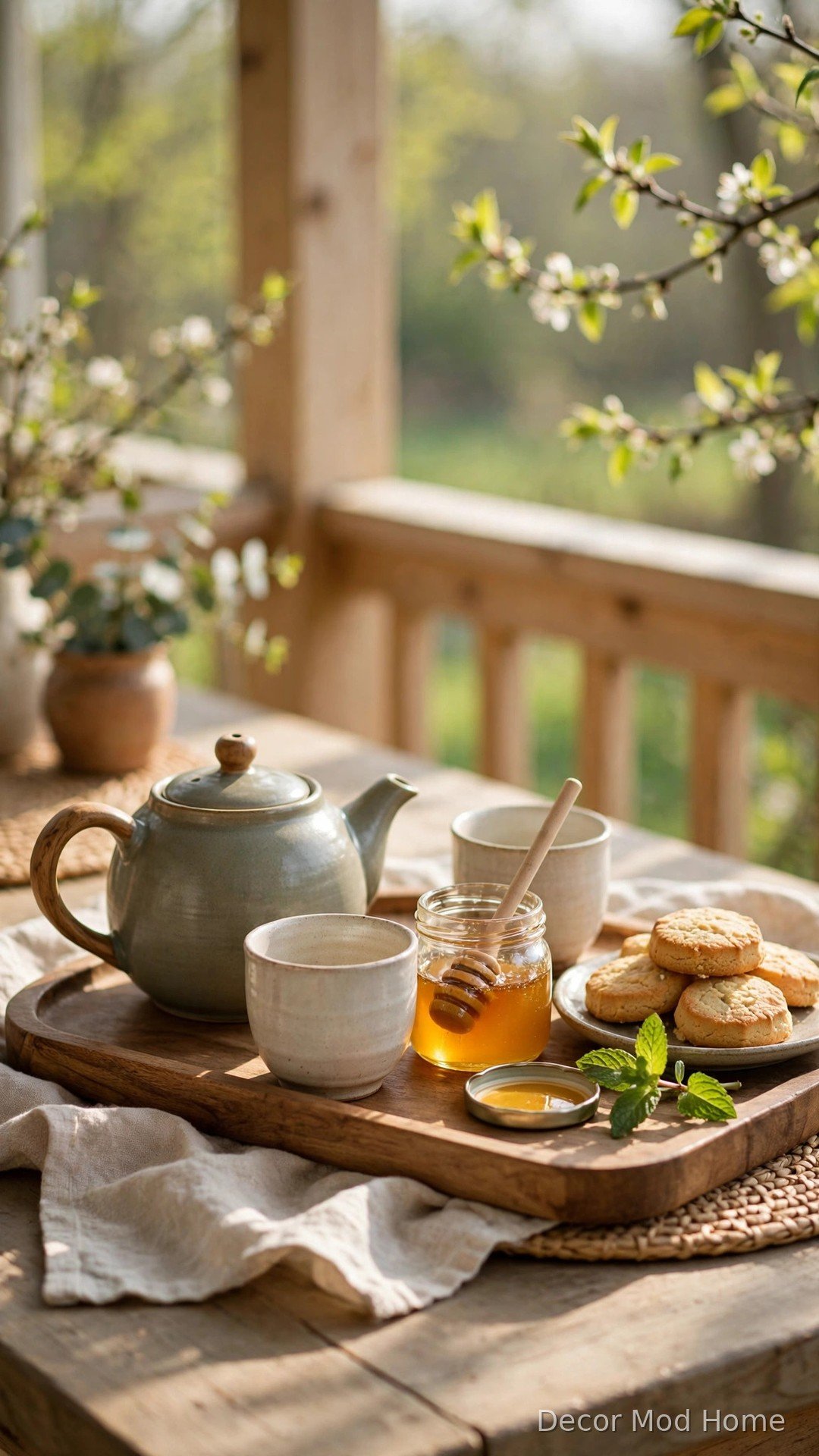 Mini outdoor tea station with teapot, cups, honey jar and biscuits on a porch tray