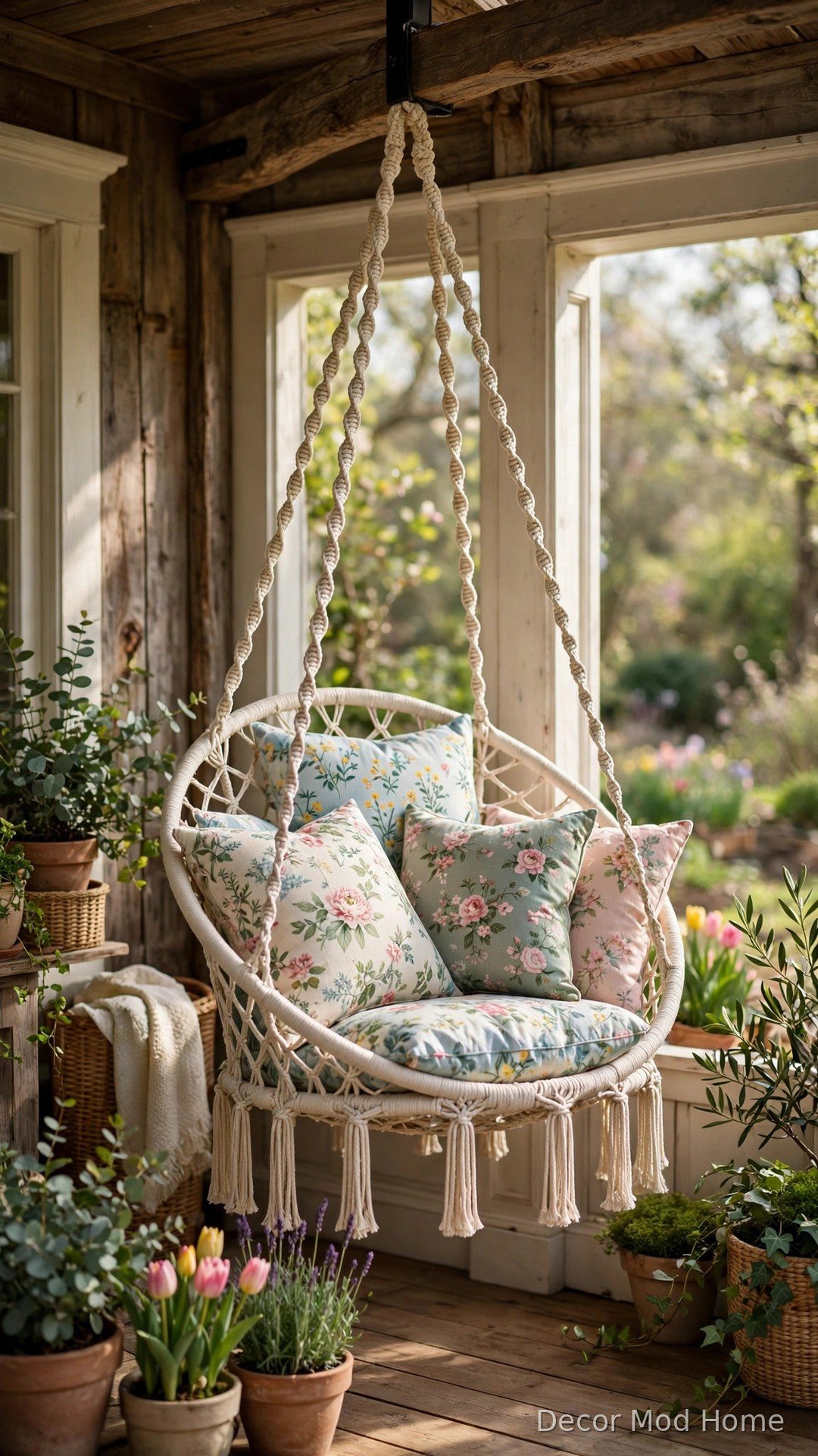 Macrame hanging swing chair piled with floral spring cushions on a porch