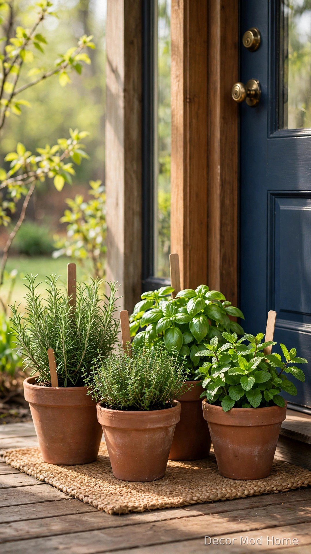 Terracotta pots of fresh rosemary, thyme, basil and mint with wooden markers by a front door