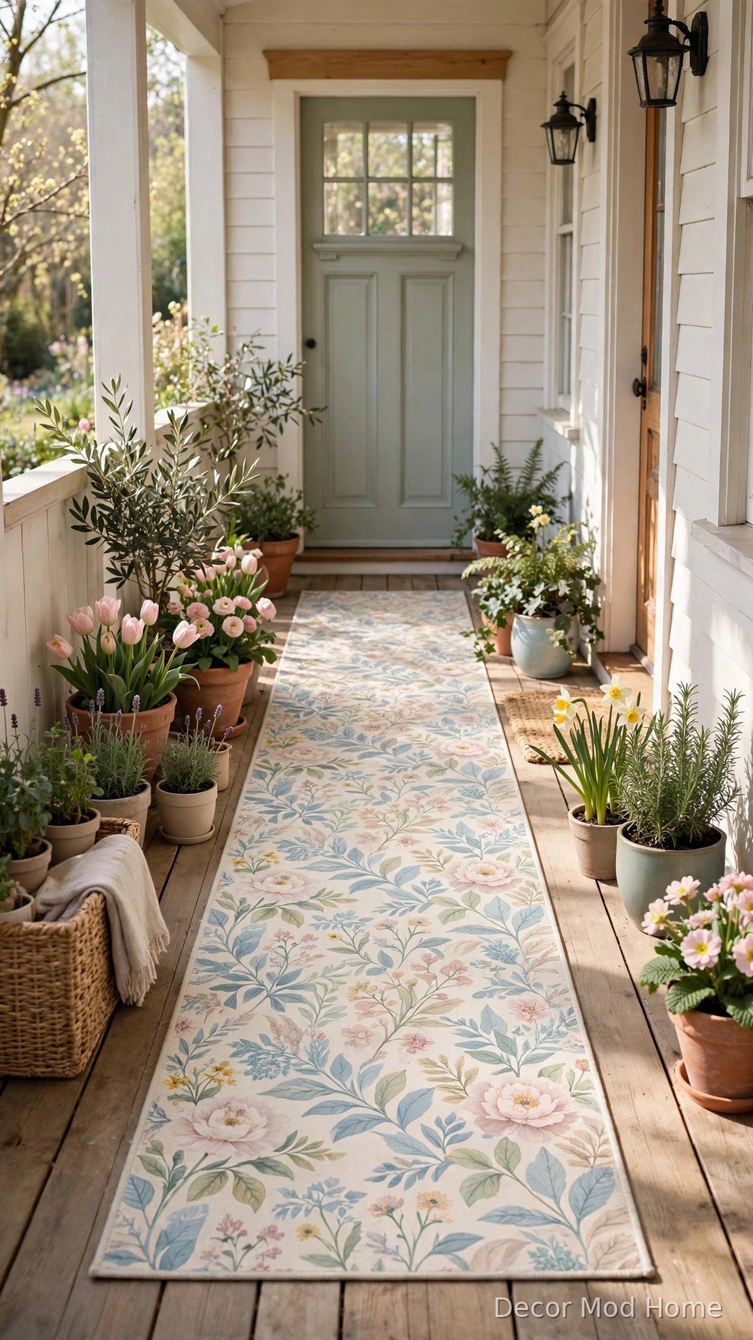 Long floral-patterned outdoor runner rug leading along a spring porch to the front door
