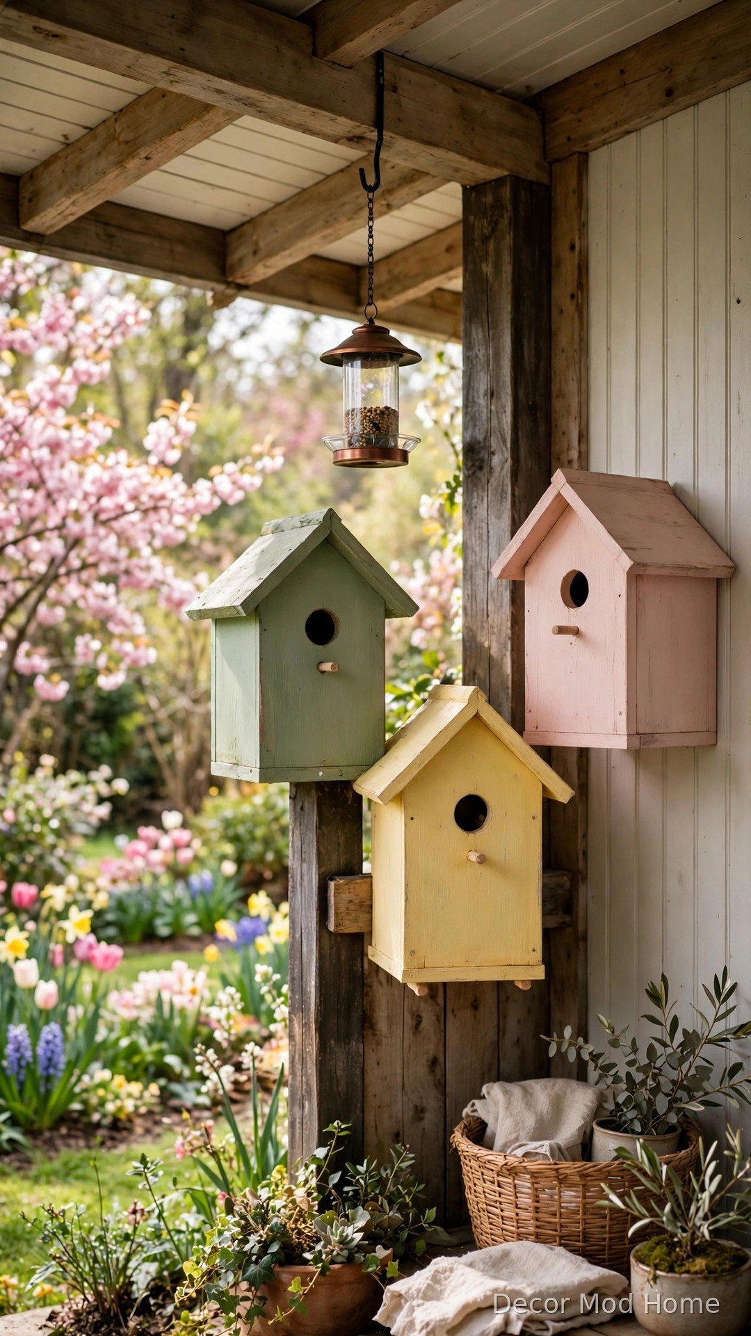Painted birdhouses in sage, butter and blush with a hanging bird feeder under porch eaves