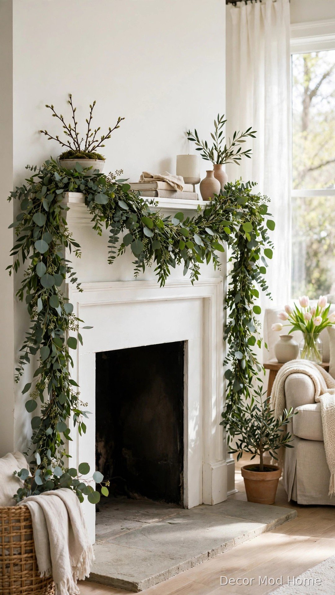 Lush eucalyptus garland runner draped along a white fireplace mantle with trailing ends for spring decor