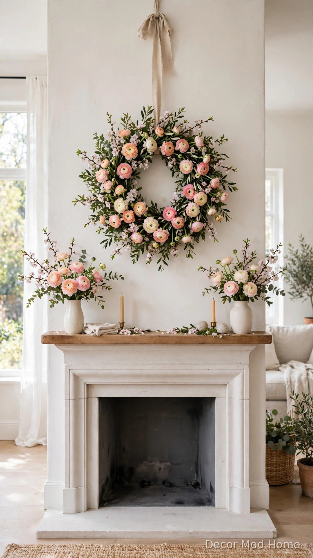 Fresh spring floral wreath with ranunculus and blossom hung on a ribbon above a fireplace mantle