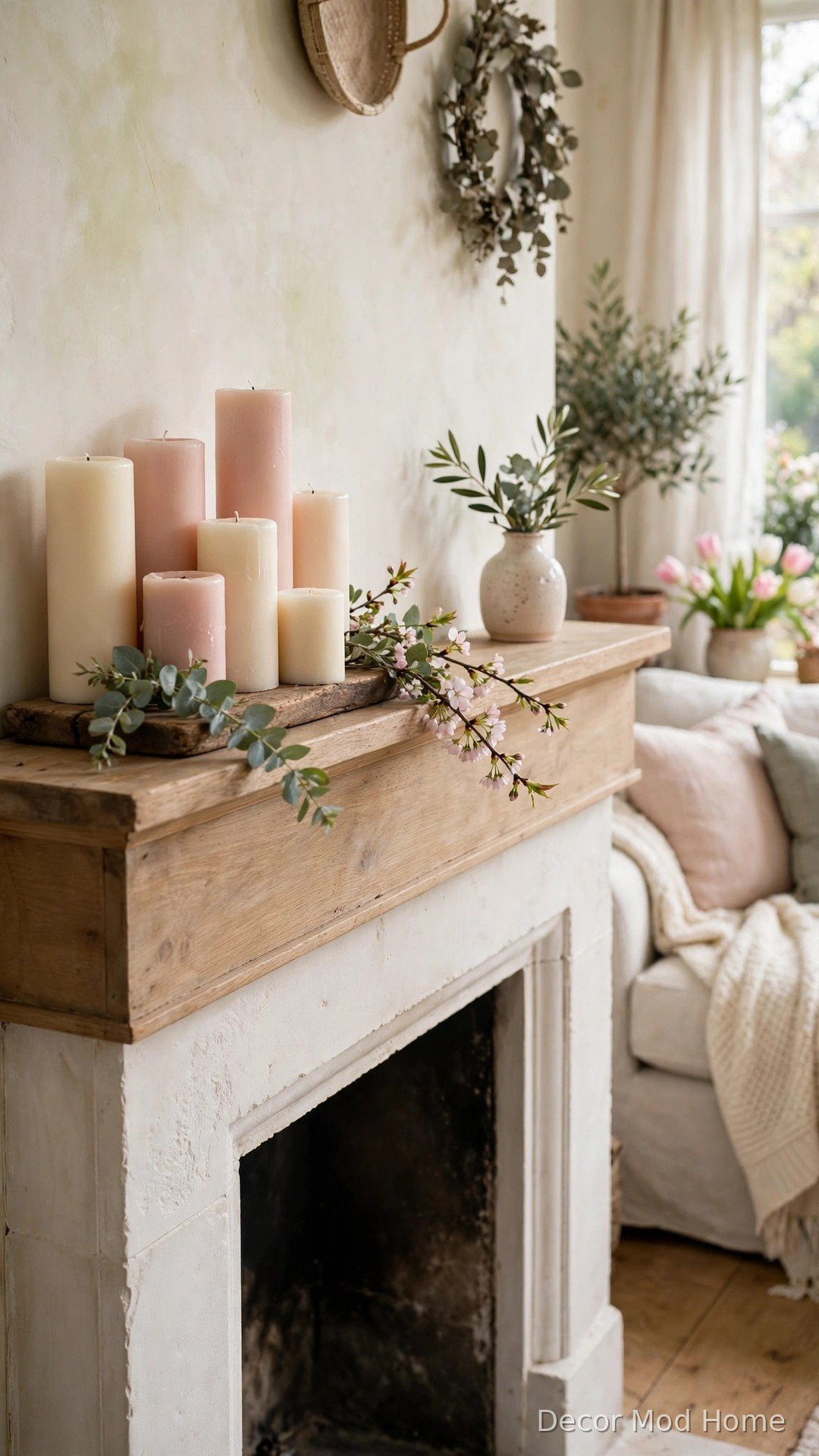 Asymmetrical cluster of cream and blush pillar candles on a wooden board on a rustic mantle